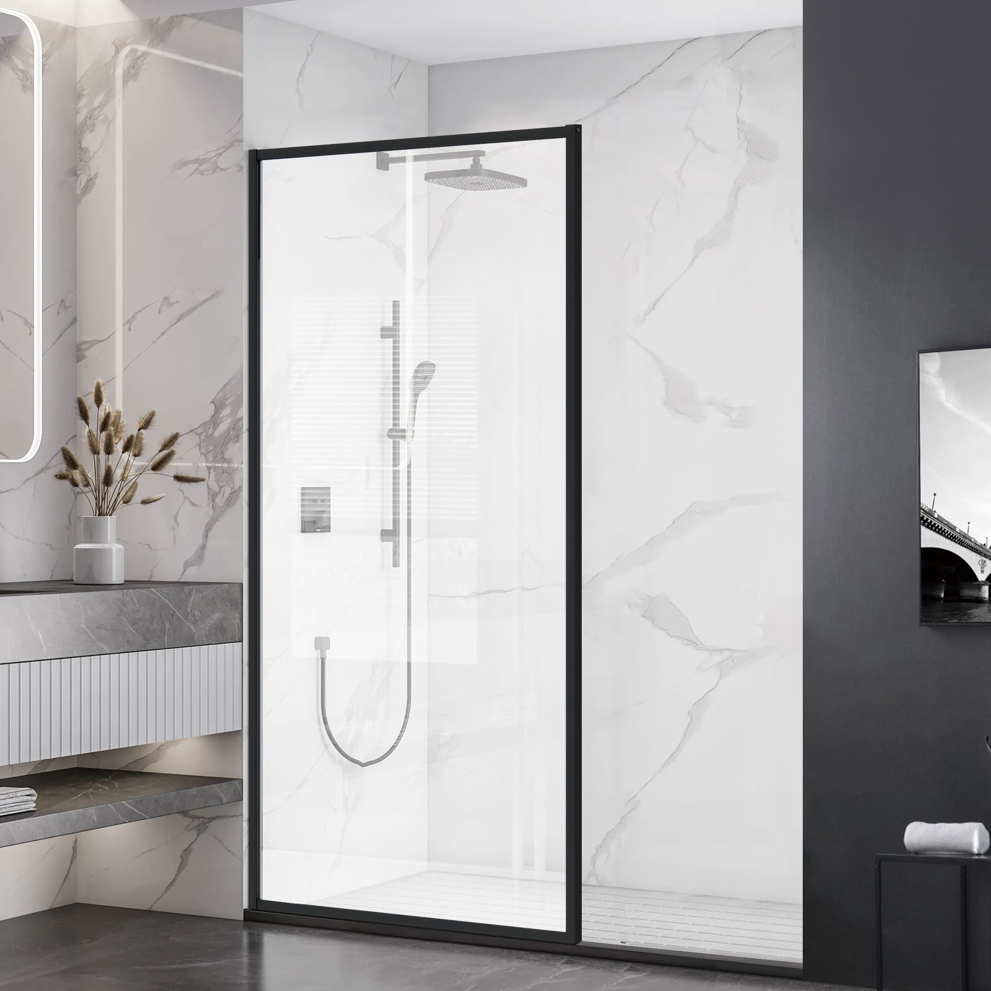 34"/36"/38"/46"/48" W x 74" H Walk - In Framed Fixed Shower Screen with 5/16"(8 mm) Clear / Clear Black Tempered Glass, Matte Black - Shower Screen - AquivaCoast Showers - Clear - Clear Black - Fixed #Glass Finish_Clear