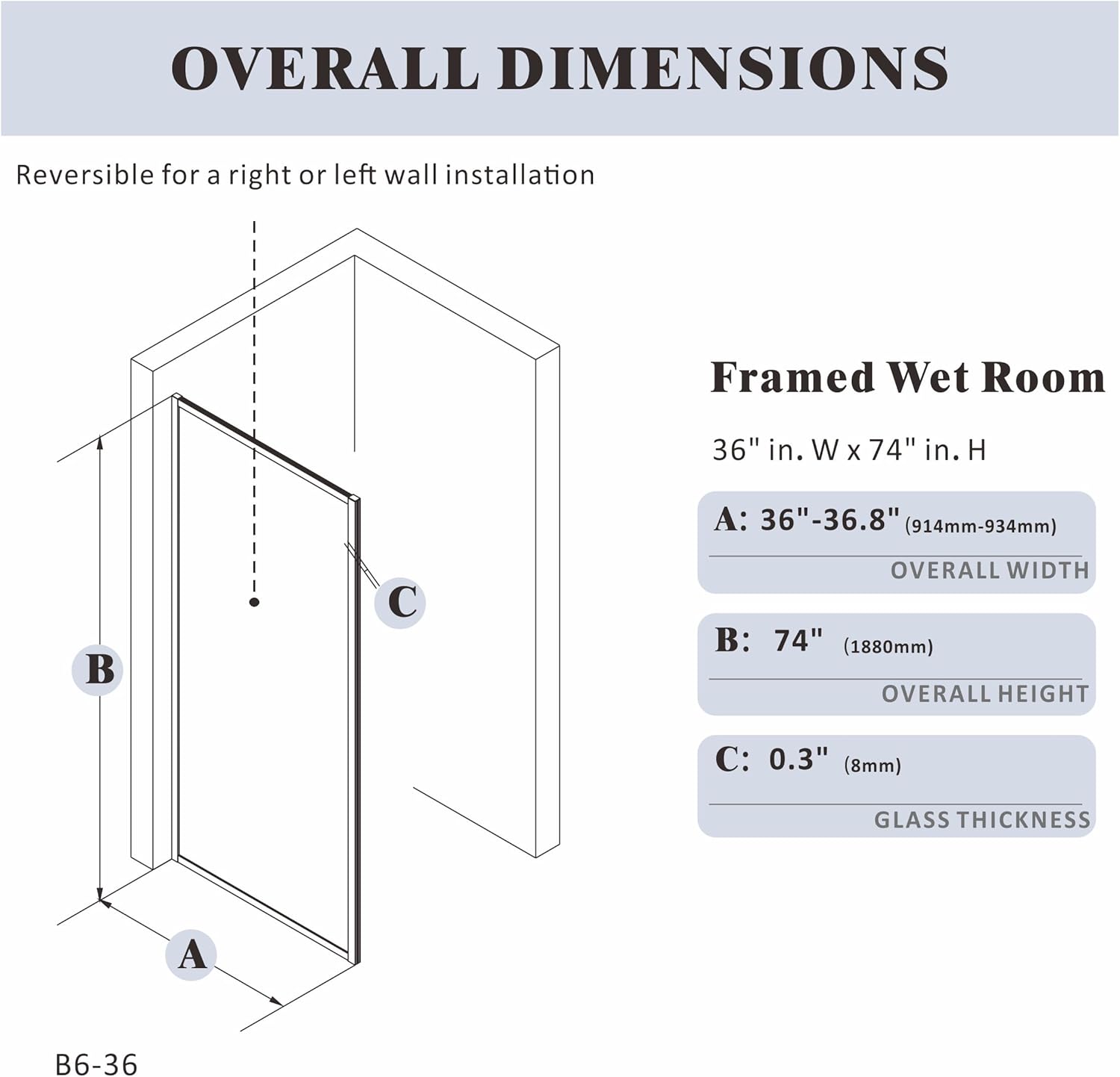 AquivaCoast Vista B6 fixed shower screen: 36" W x 74" H, with modern matte black frame.