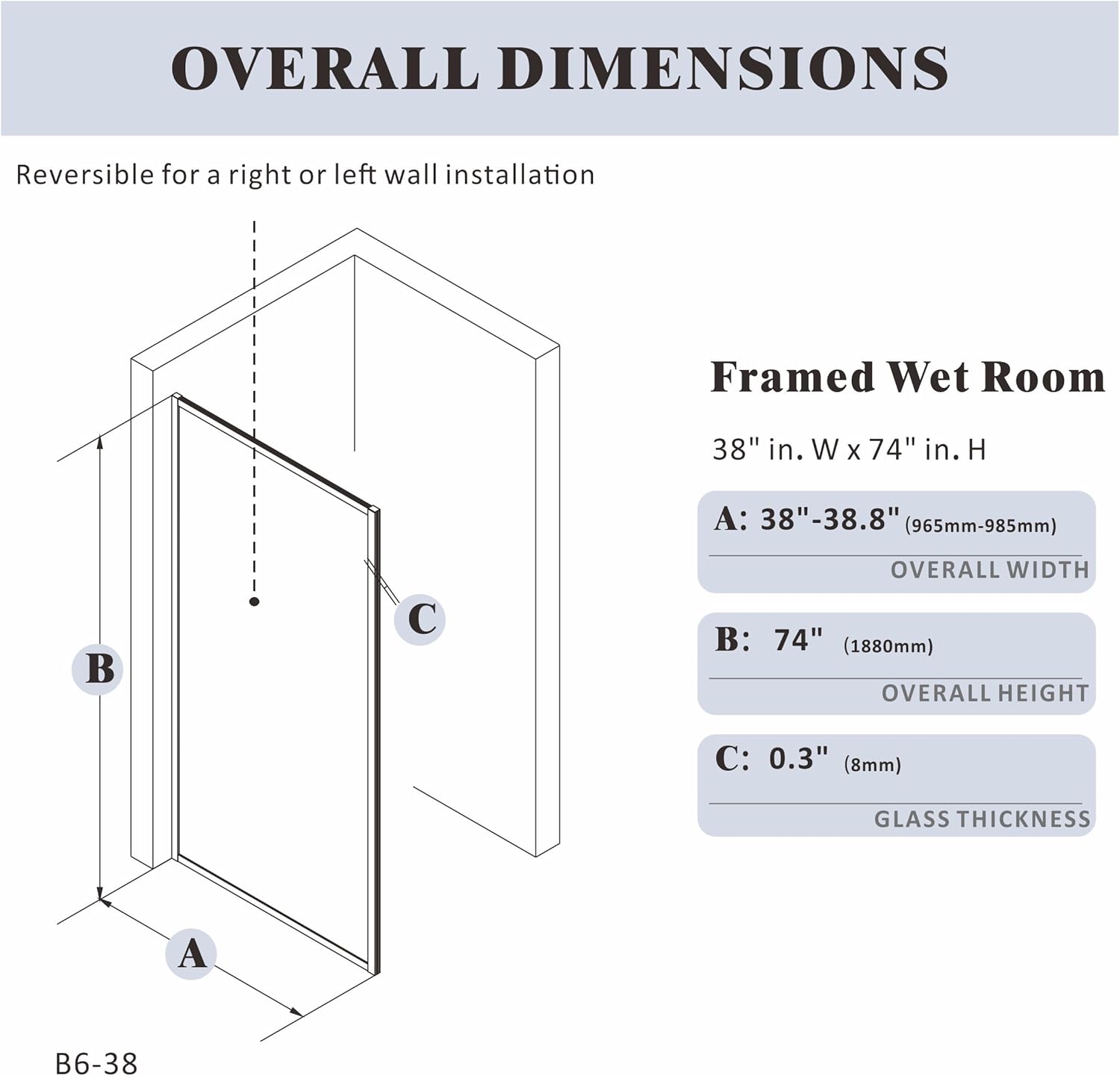 AquivaCoast Vista B6 fixed shower screen: 38" W x 74" H, with modern matte black frame.