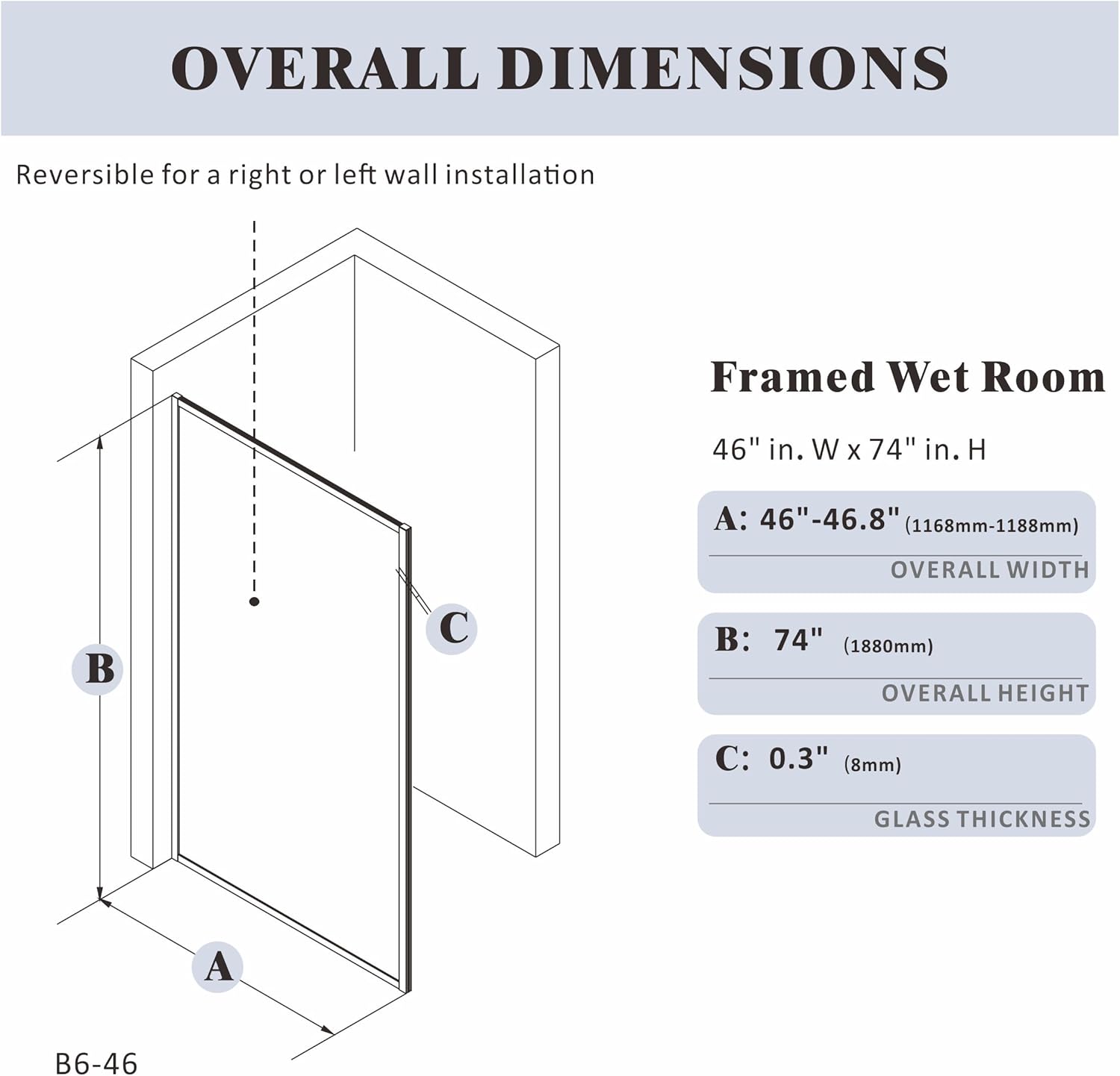 AquivaCoast Vista B6 fixed shower screen: 46" W x 74" H, with modern matte black frame.