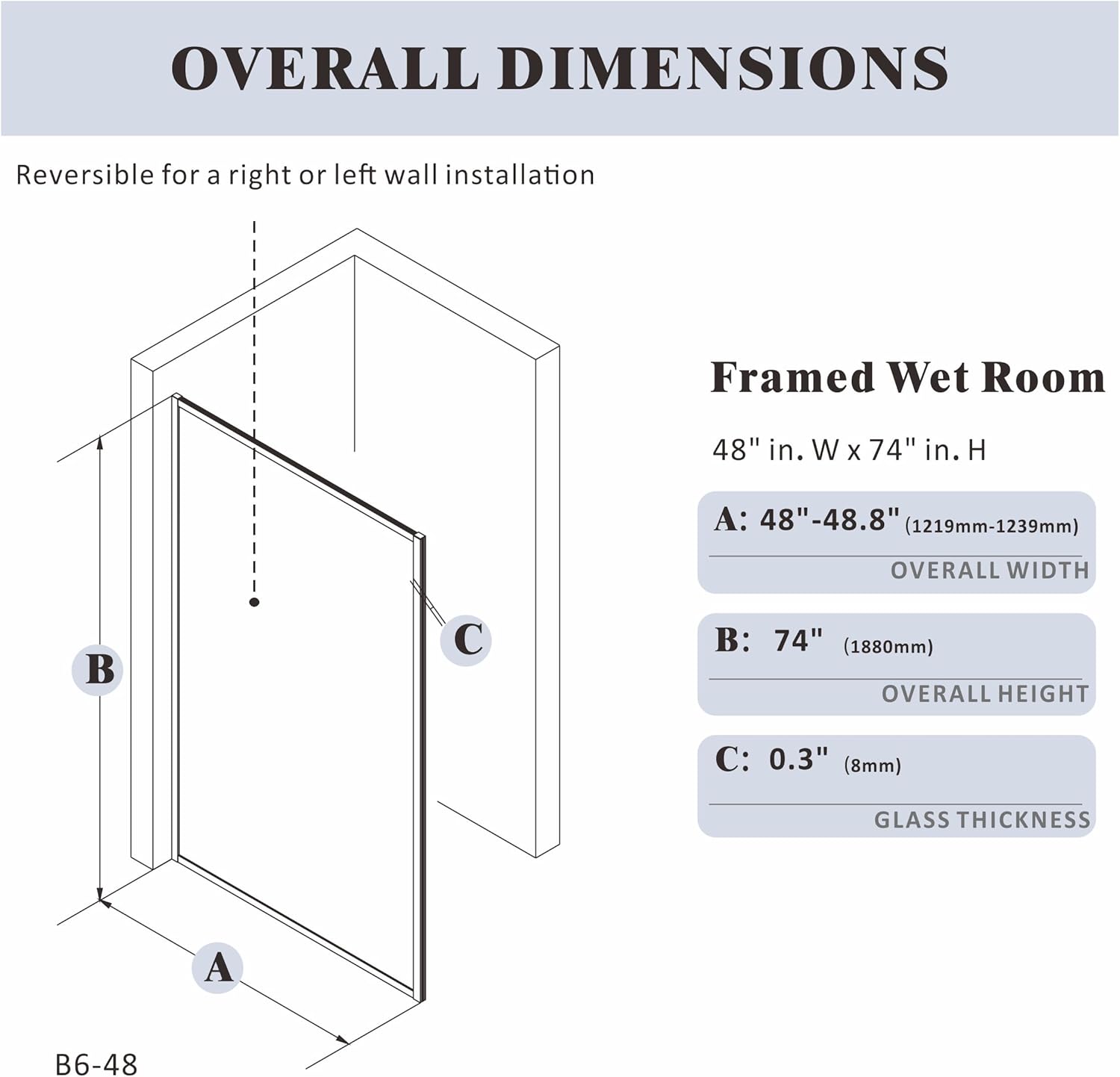 AquivaCoast Vista B6 fixed shower screen: 48" W x 74" H, with modern matte black frame.