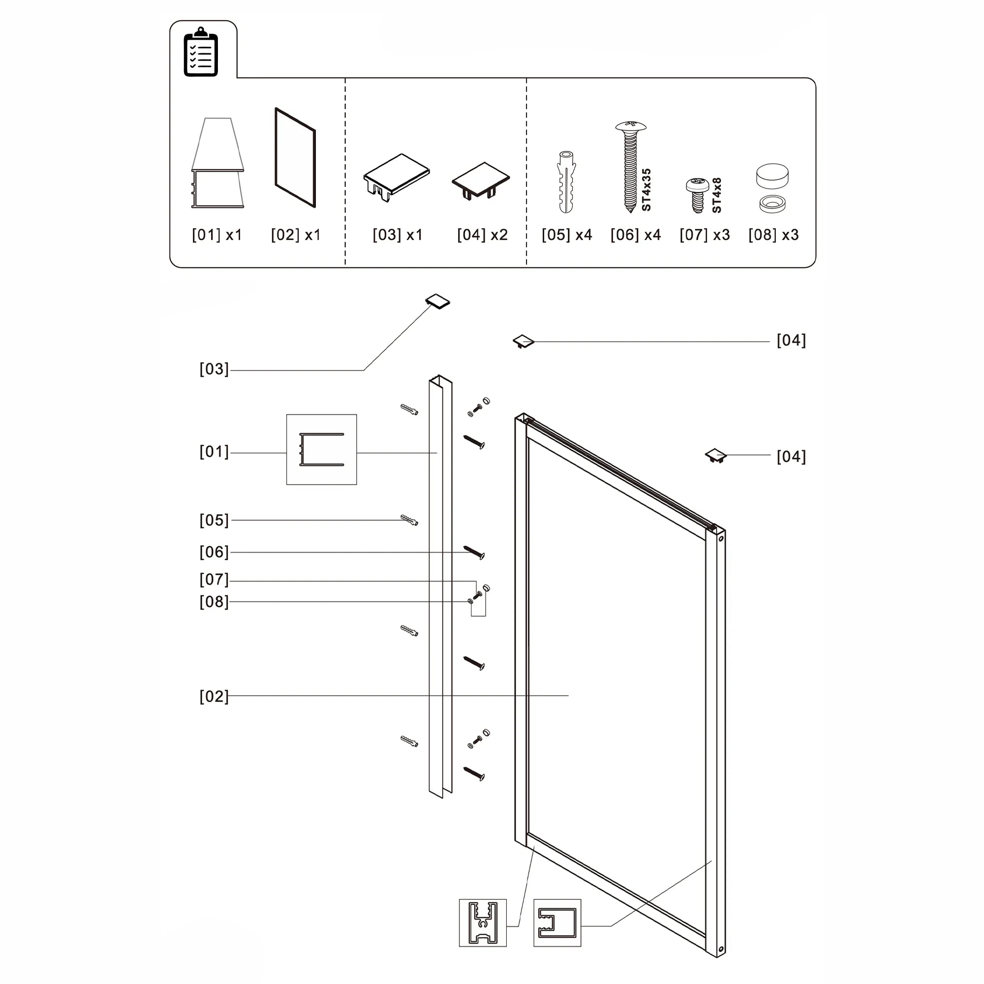 Durable AquivaCoast 5/16" tempered glass shower screen: features clear or clear black glass options, available in 34" to 48" widths and 74" height.