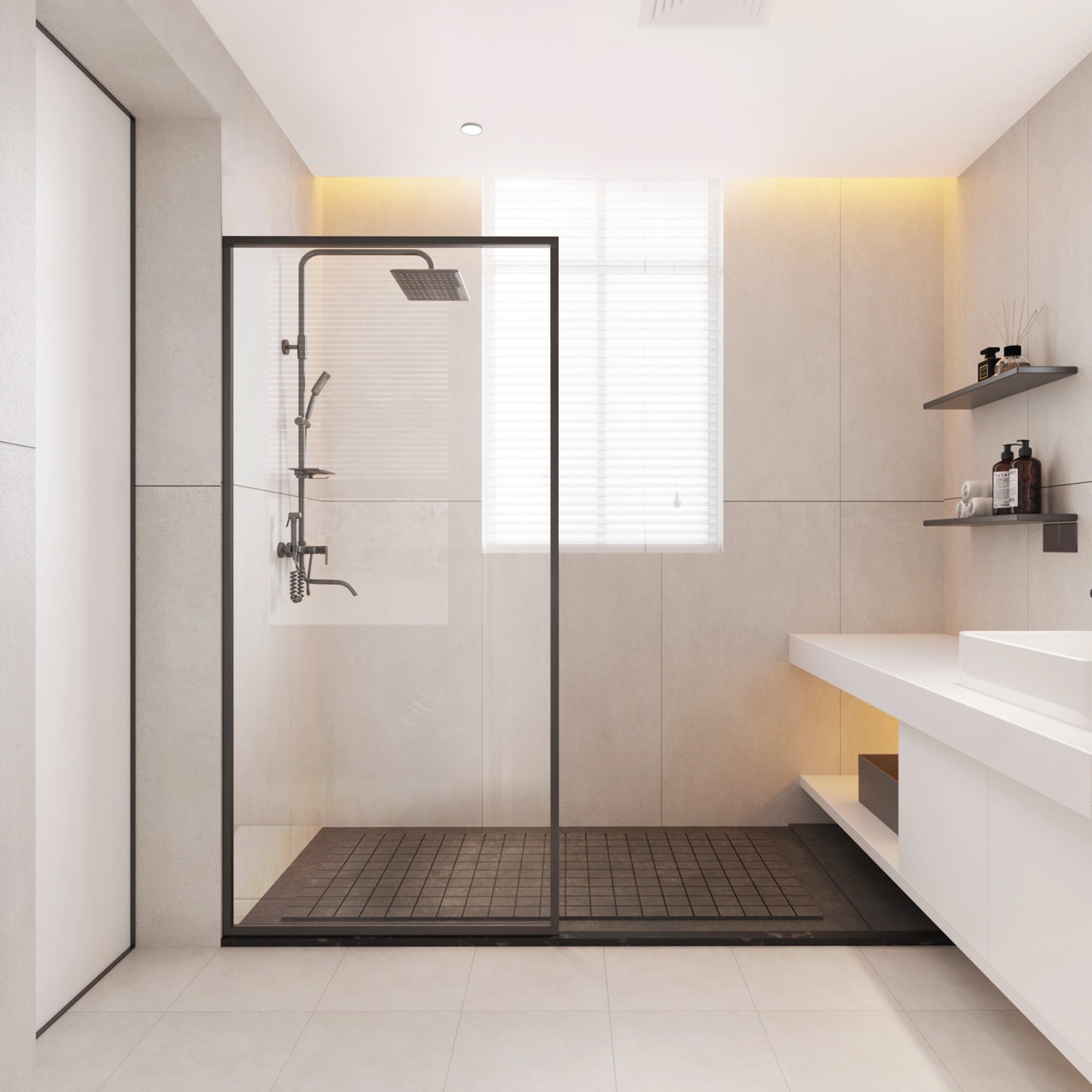 Durable AquivaCoast 5/16" tempered glass shower screen: clear or clear black options, available in 34" to 48" widths and 74" height. #Glass Finish_Clear