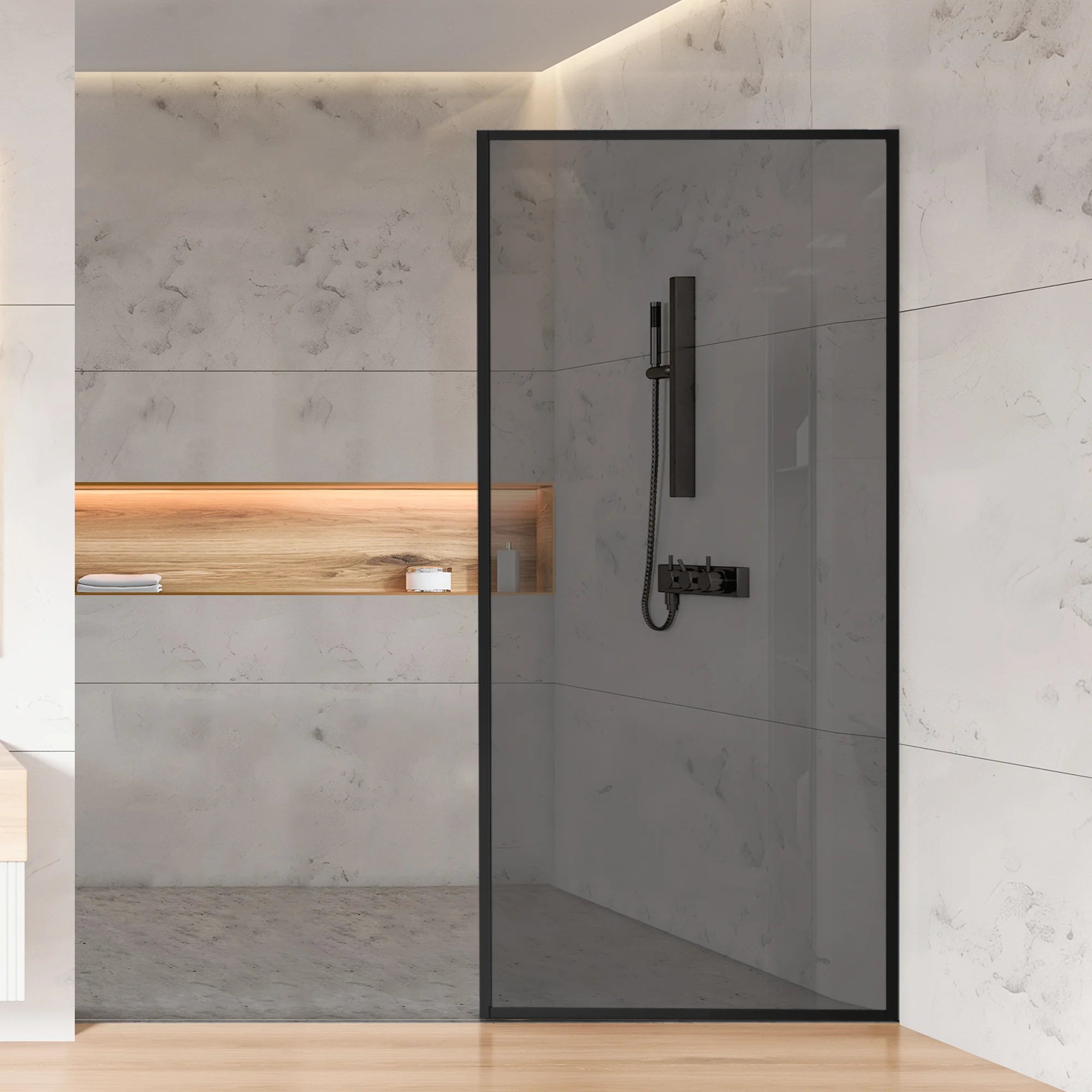 Durable AquivaCoast 5/16" tempered glass shower screen: features clear or clear black glass options, available in 34" to 48" widths and 74" height.