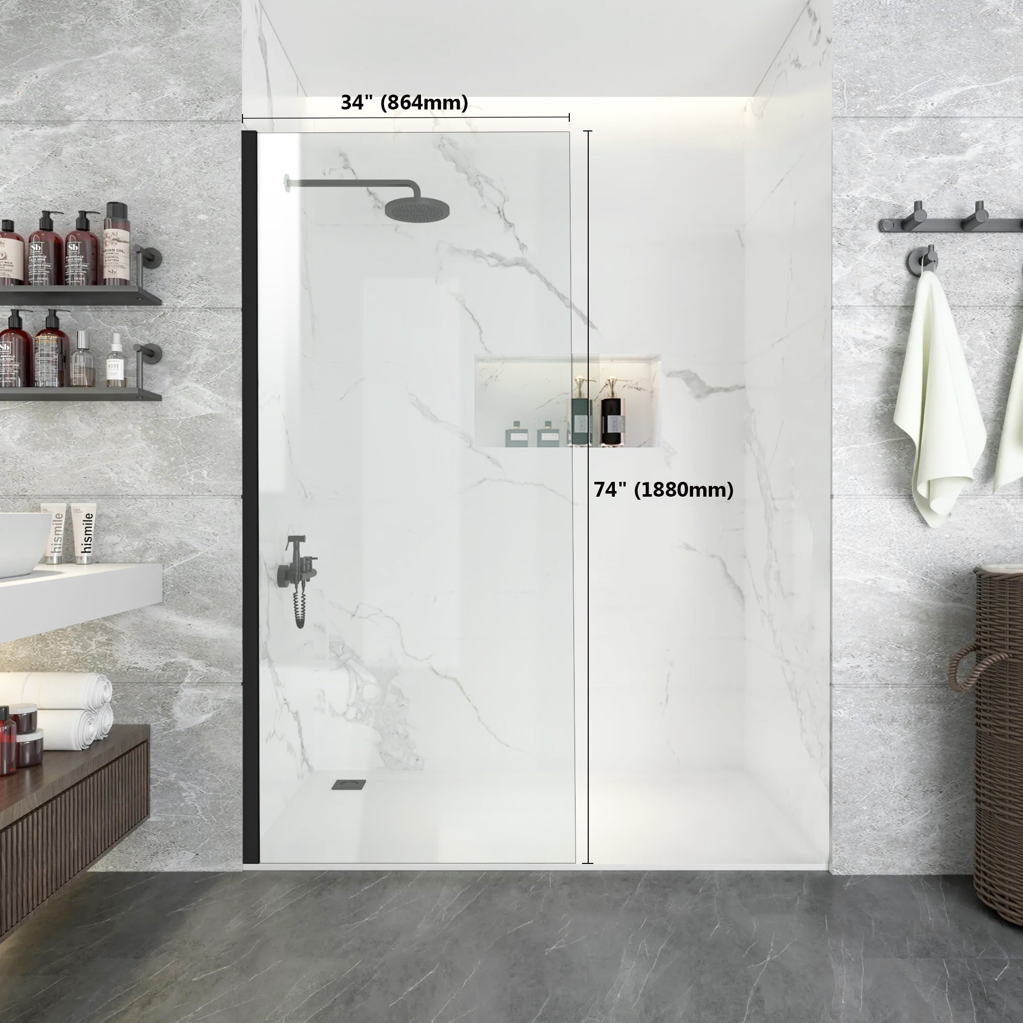 34" x 74" Frameless Shower Scree Meteor X13 #Color_Matte Black