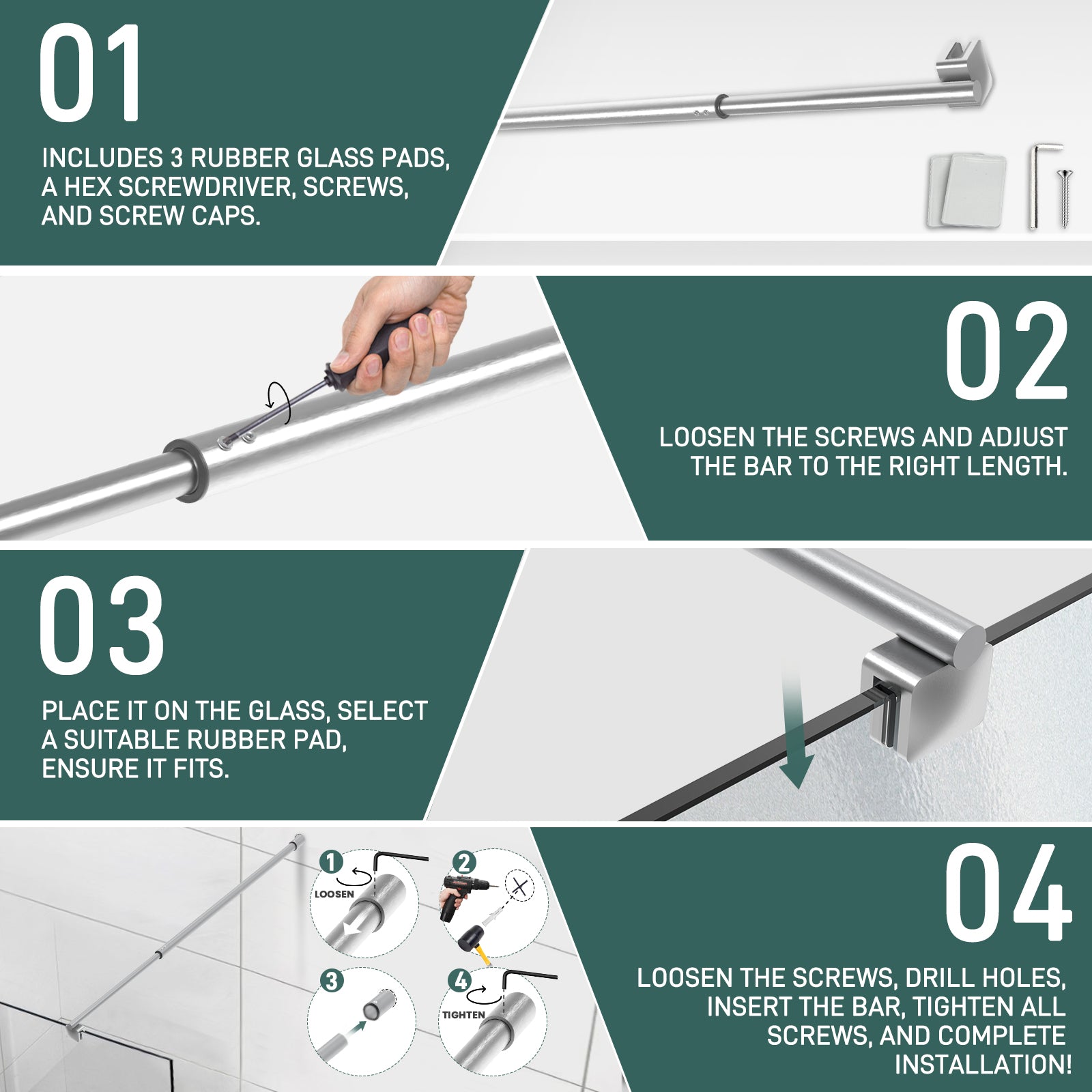 Round Wall - to - Glass Support Bar with Square Contoured Clamp LG - 02 - Wall - to - Glass Support Bar - AquivaCoast Showers - Wall - to - Glass Support Bar -