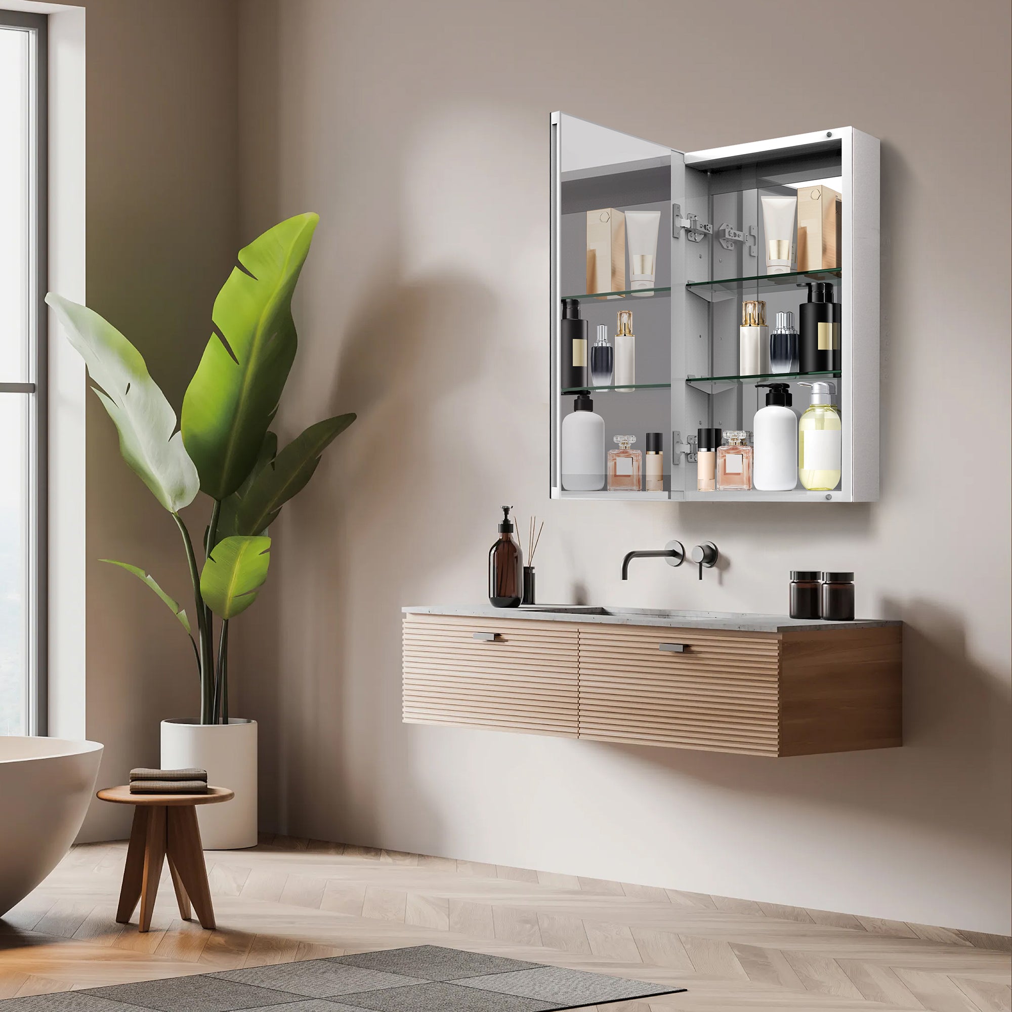 15"/16"/20" Single Door Medicine Cabinet with Soft - Close, Dual - Sided Mirrors, Adjustable Shelves & Aluminum Frame - Medicine Cabinets - AquivaCoast Showers - Medicine Cabinets - Mirror - Surface/ Recessed Mount