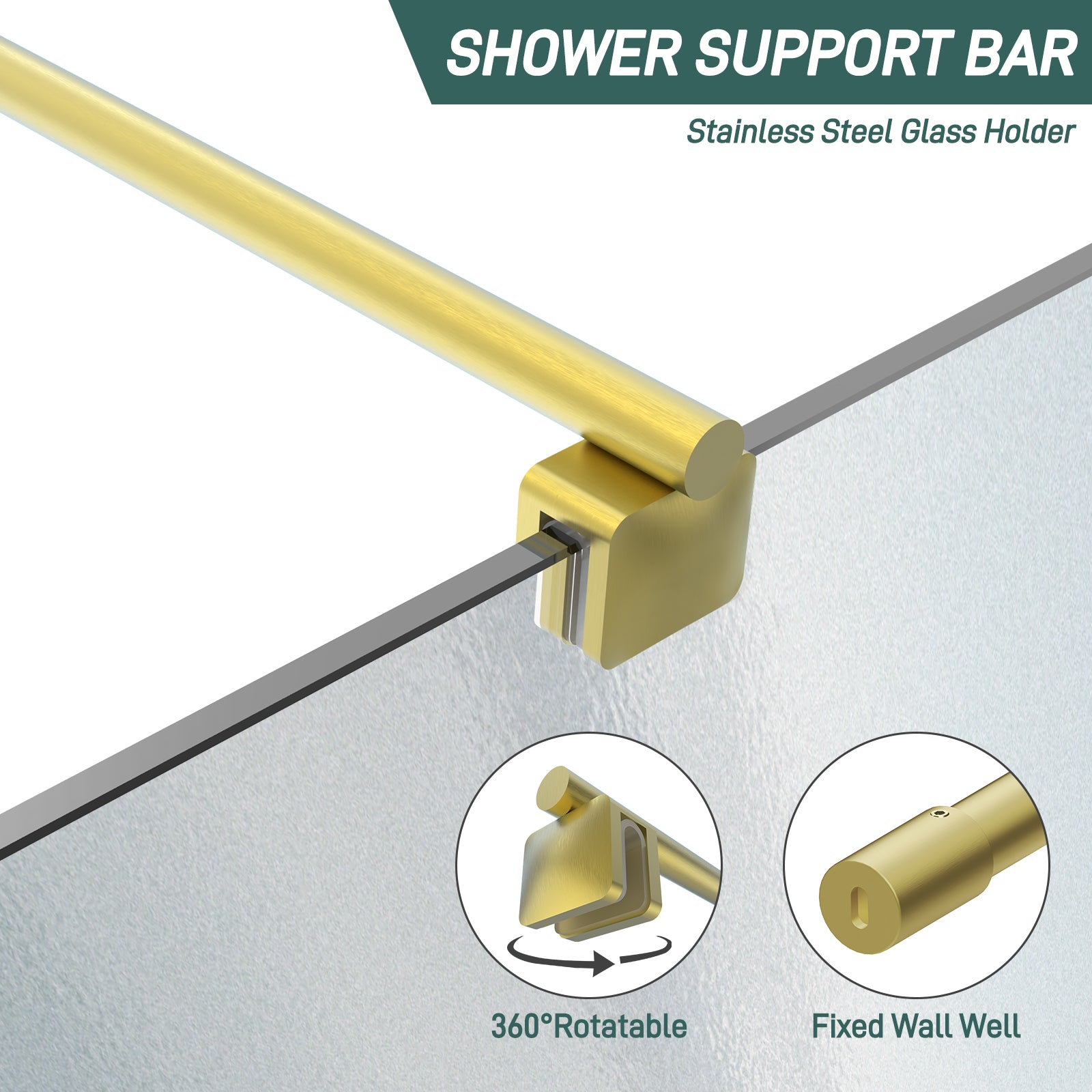 Round Wall - to - Glass Support Bar with Square Contoured Clamp LG - 02 - Wall - to - Glass Support Bar - AquivaCoast Showers - Wall - to - Glass Support Bar - #Color_Brushed Gold