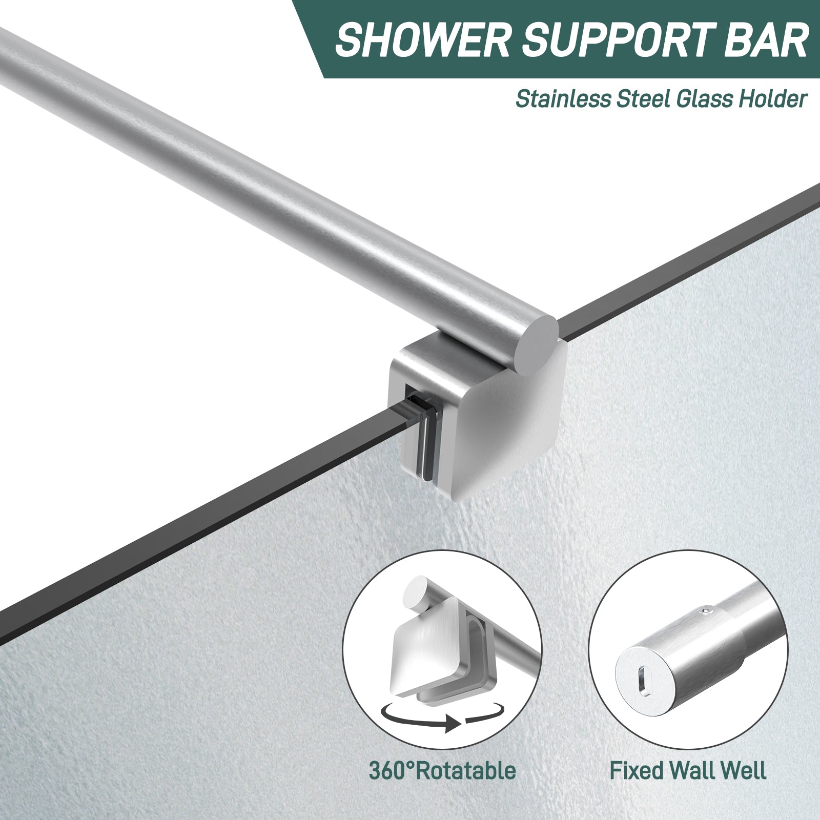 Round Wall - to - Glass Support Bar with Square Contoured Clamp LG - 02 - Wall - to - Glass Support Bar - AquivaCoast Showers - Wall - to - Glass Support Bar - #Color_Brushed Nickel
