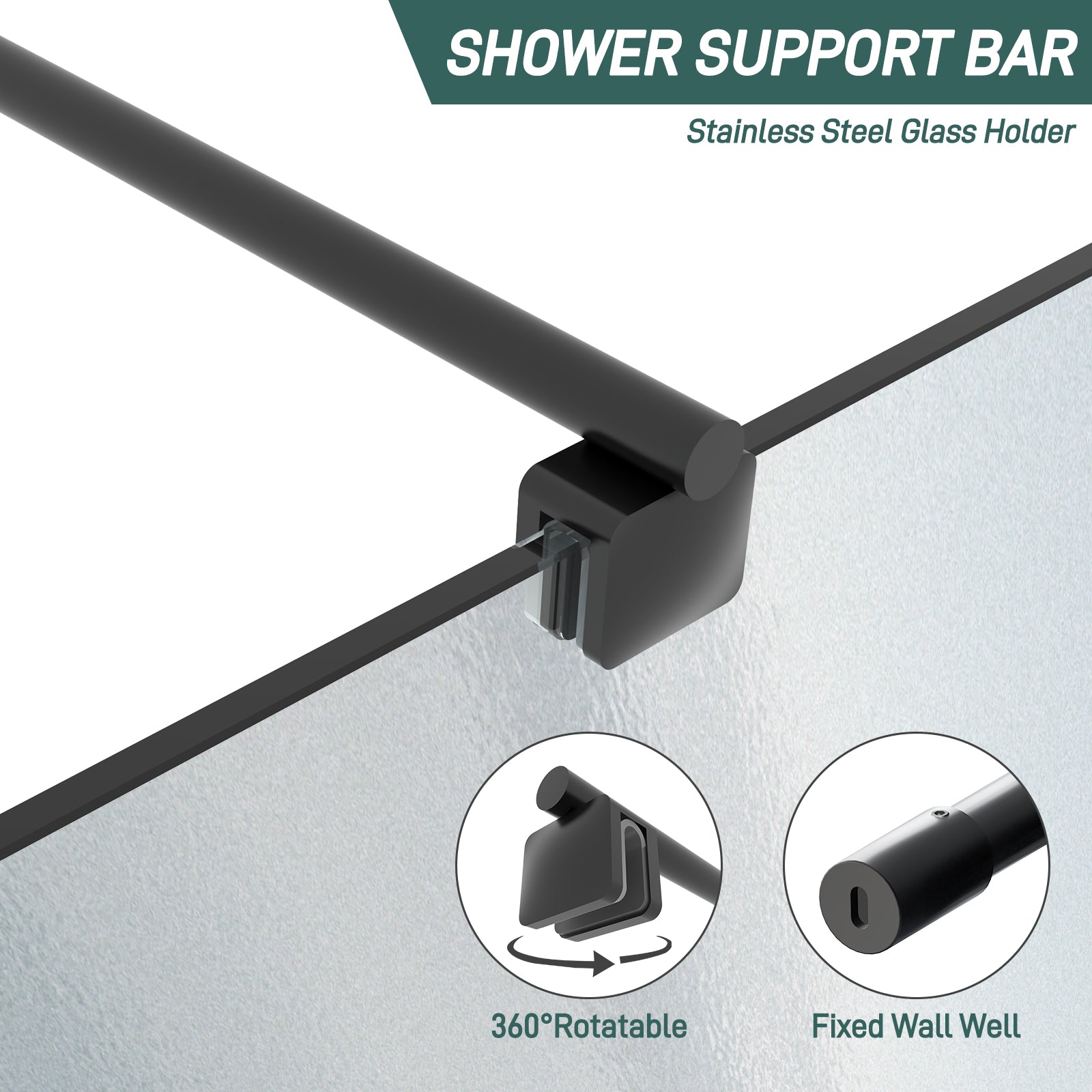 Round Wall - to - Glass Support Bar with Square Contoured Clamp LG - 02 - Wall - to - Glass Support Bar - AquivaCoast Showers - Wall - to - Glass Support Bar - #Color_Matte Black