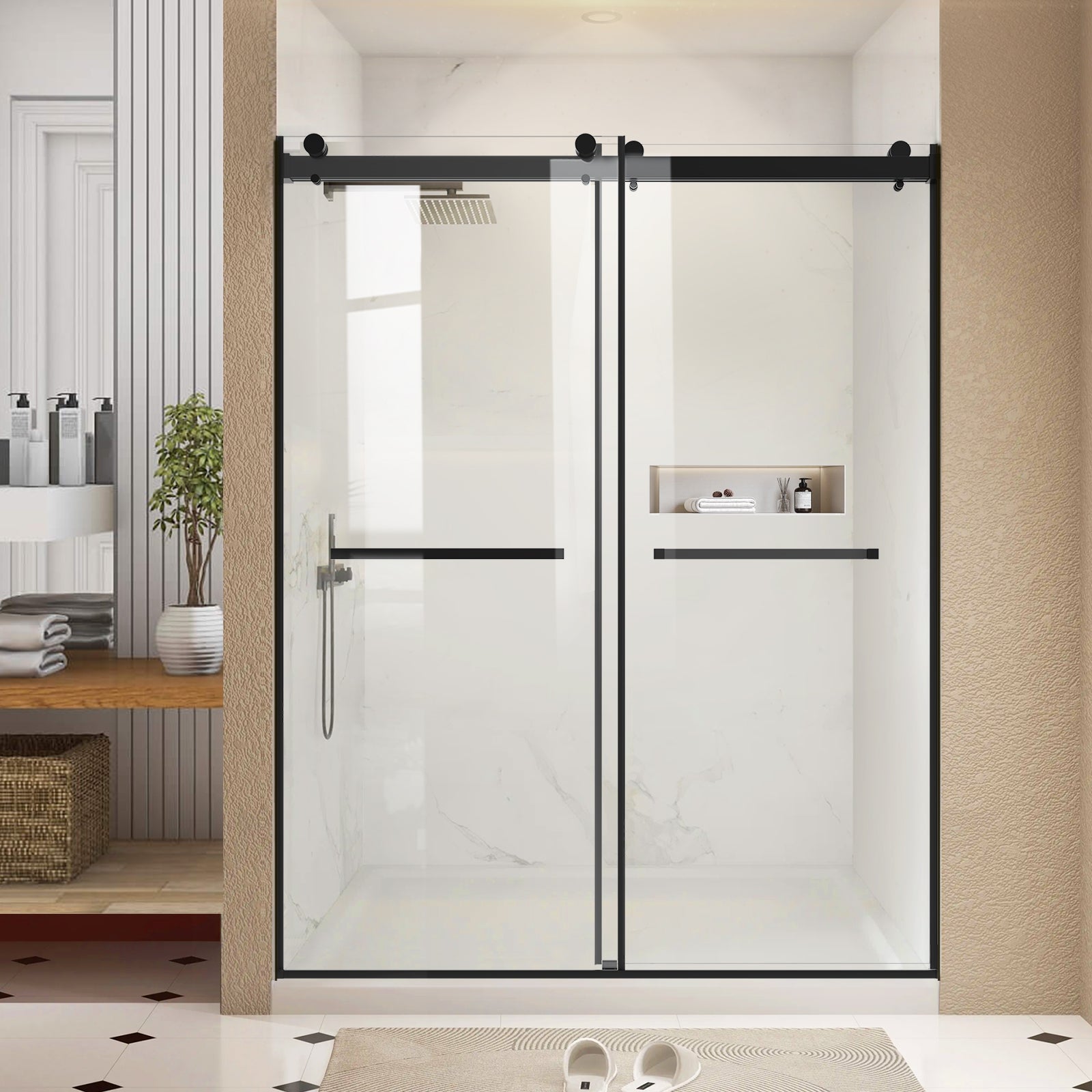 60" W x 76" H Semi-Frameless Double Sliding Bypass Shower Door with 5/16" (8 mm) Easy-Clean Tempered Glass and Towel Bar #Color_Matte Black