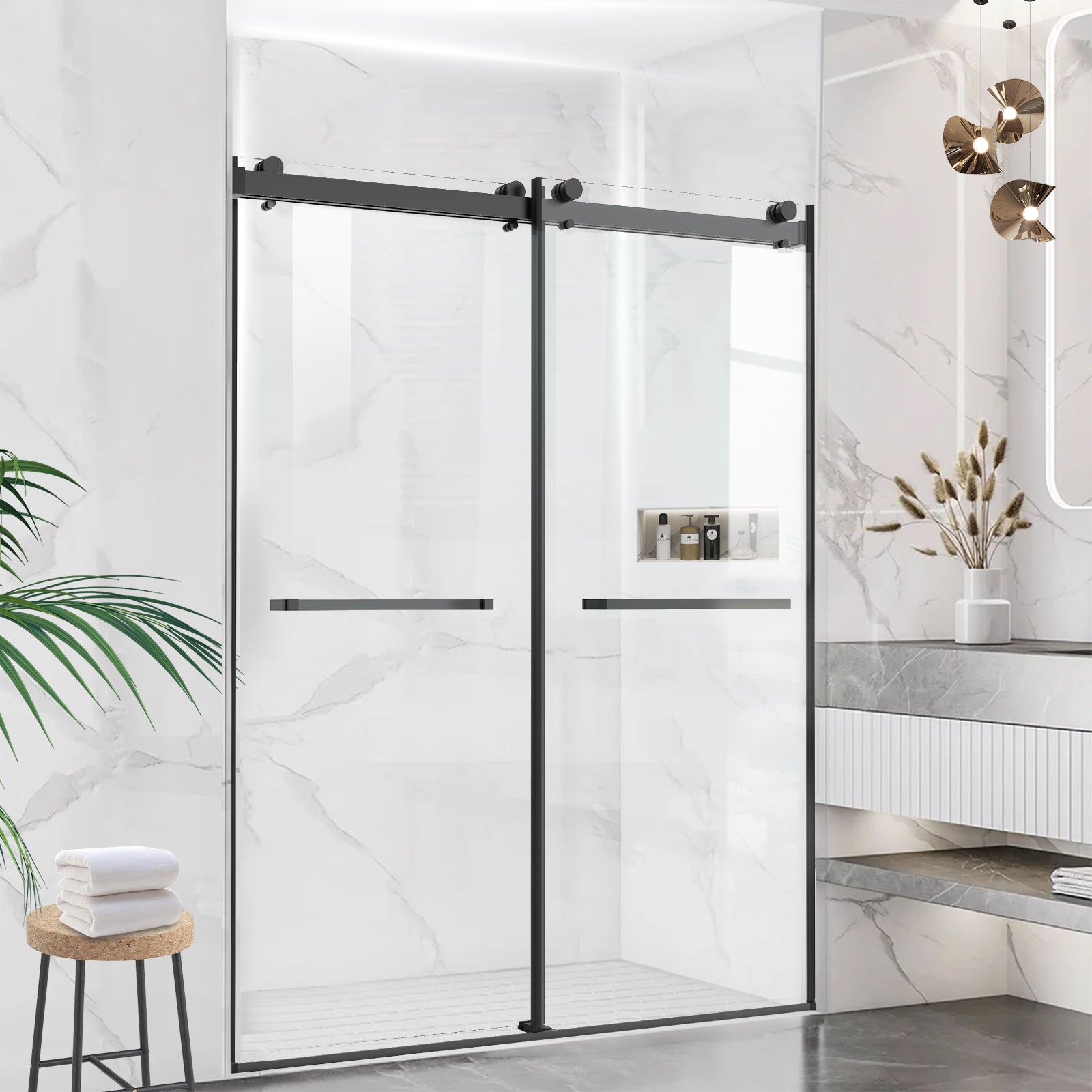 60" W x 76" H Semi-Frameless Double Sliding Bypass Shower Door with 5/16" (8 mm) Easy-Clean Tempered Glass and Towel Bar #Color_Matte Black
