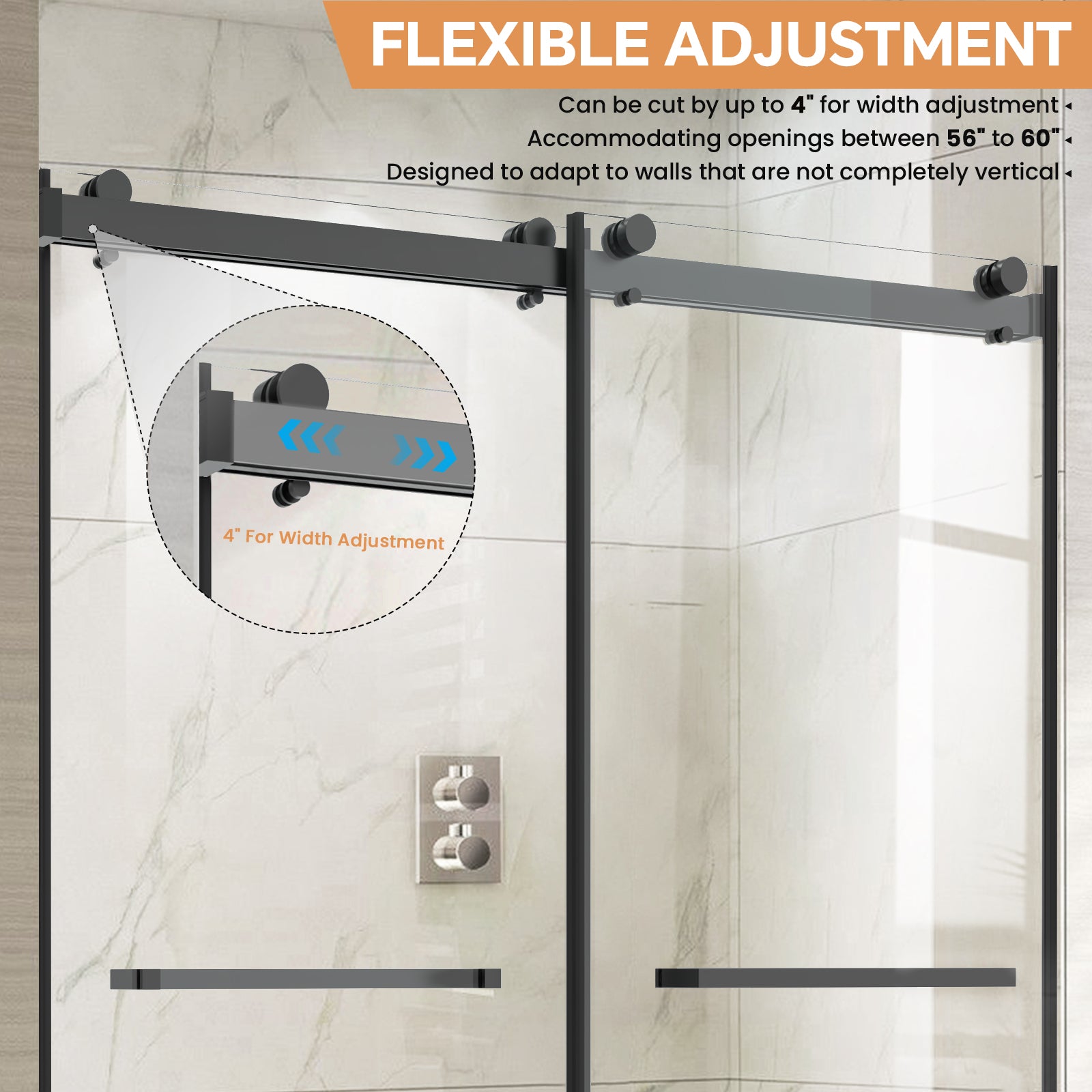 60" W x 76" H Semi-Frameless Double Sliding Bypass Shower Door with 5/16" (8 mm) Easy-Clean Tempered Glass and Towel Bar #Color_Matte Black