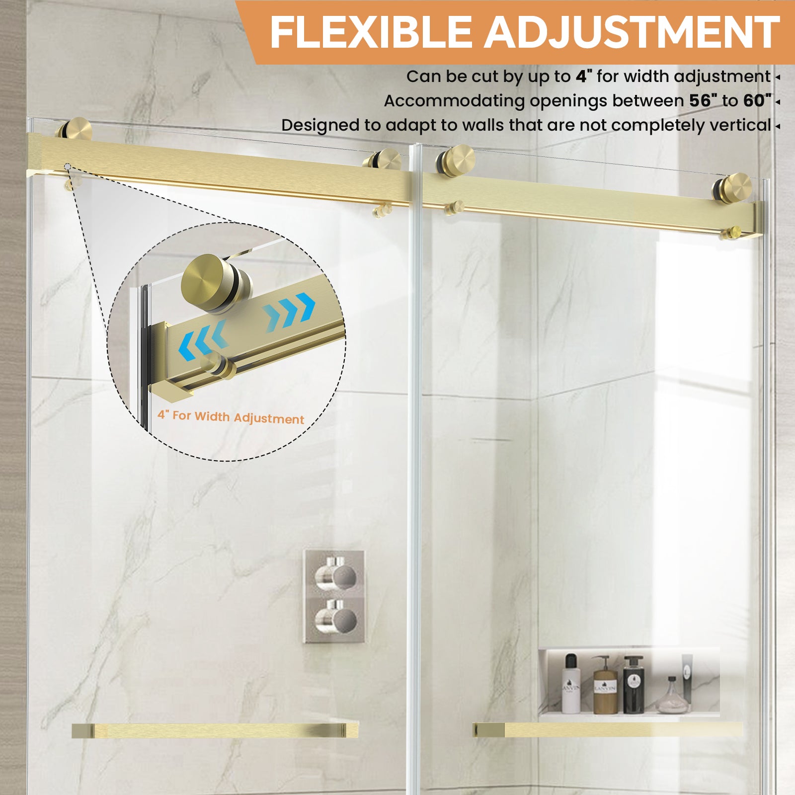 60" W x 76" H Semi-Frameless Double Sliding Bypass Shower Door with 5/16" (8 mm) Easy-Clean Tempered Glass and Towel Bar #Color_Brushed Gold