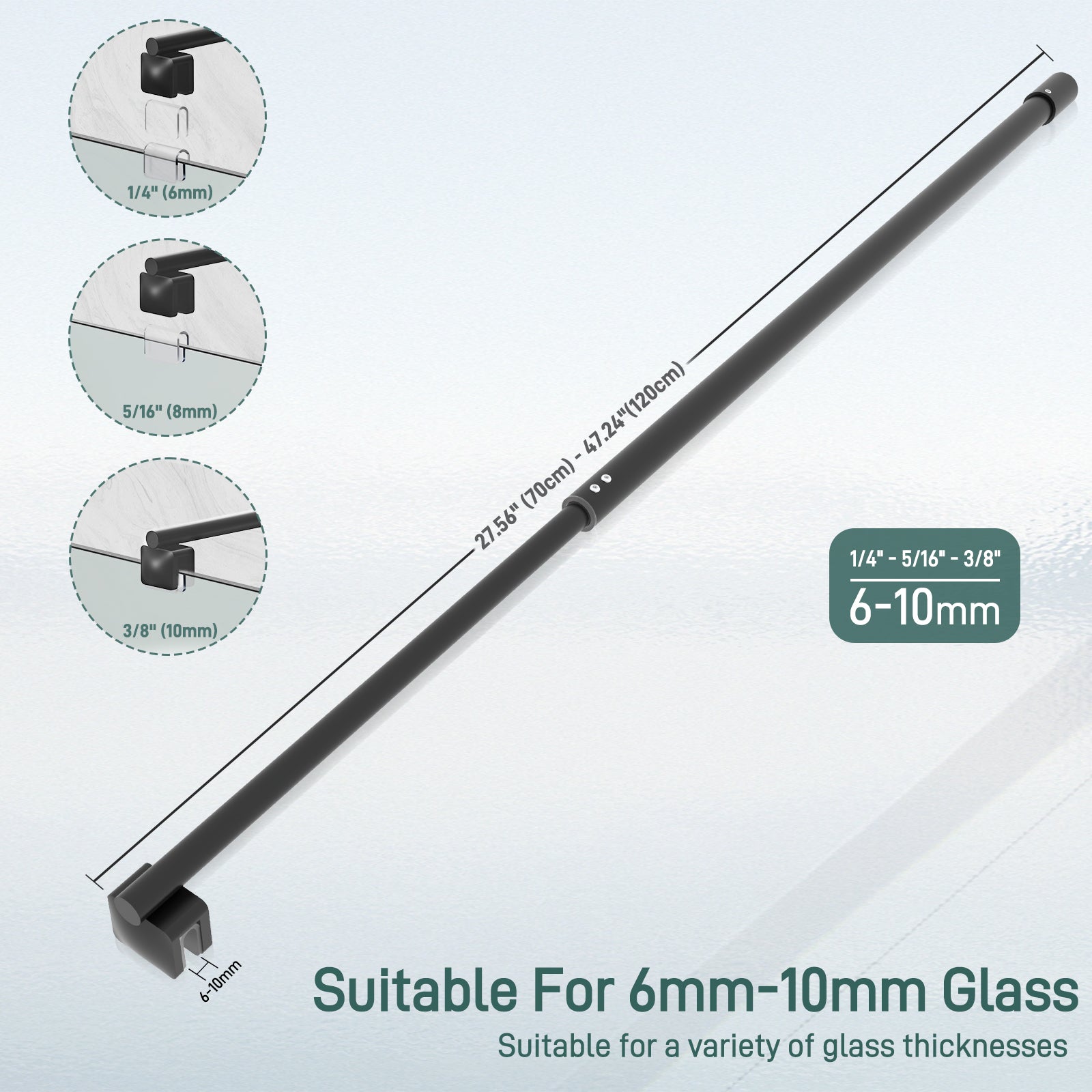 Round Wall - to - Glass Support Bar with Square Contoured Clamp LG - 02 - Wall - to - Glass Support Bar - AquivaCoast Showers - Wall - to - Glass Support Bar - #Color_Matte Black