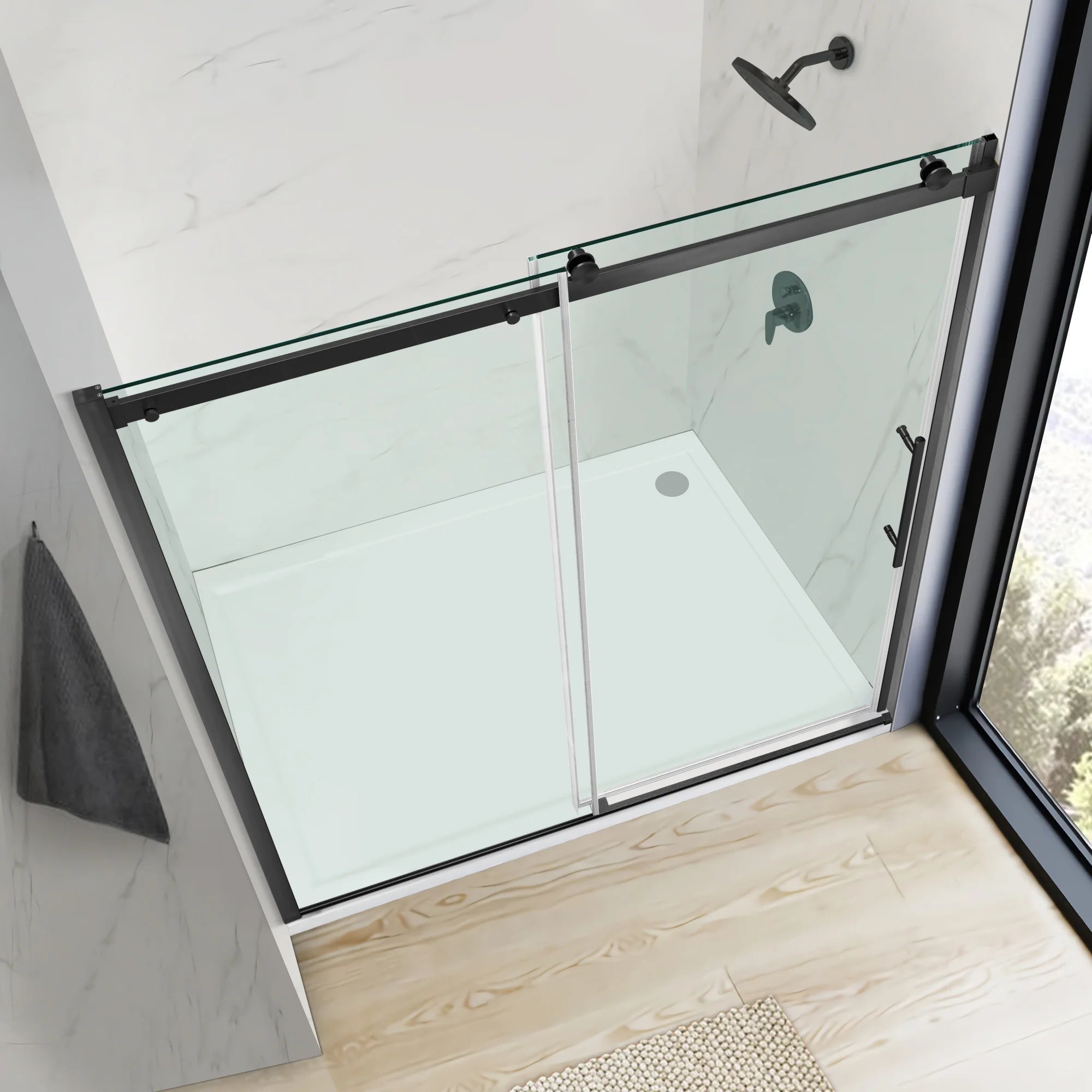 58"-59" W x 76" H Semi-Frameless Single Sliding Shower Door Roller A8 #Color_Matte Black