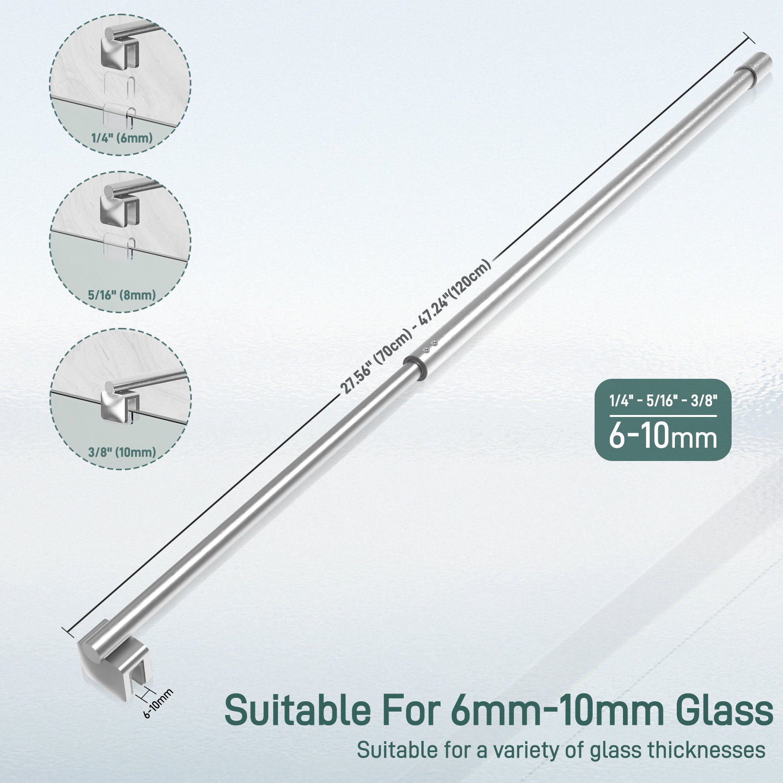 Round Wall - to - Glass Support Bar with Square Contoured Clamp LG - 02 - Wall - to - Glass Support Bar - AquivaCoast Showers - Wall - to - Glass Support Bar - #Color_Brushed Nickel