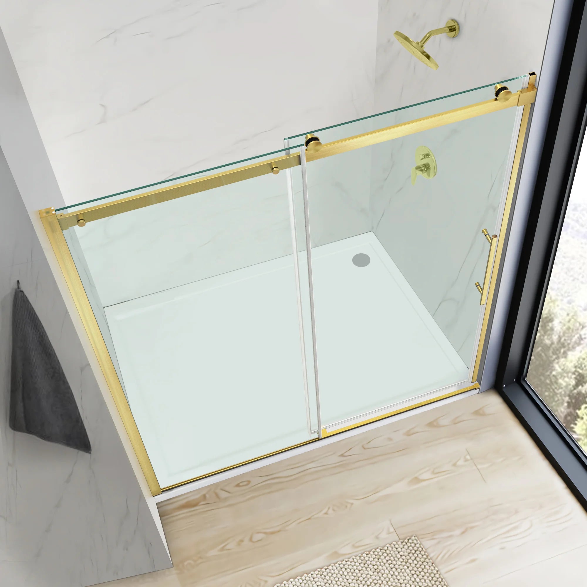 58"-59" W x 76" H Semi-Frameless Single Sliding Shower Door Roller A9 #Color_Brushed Gold