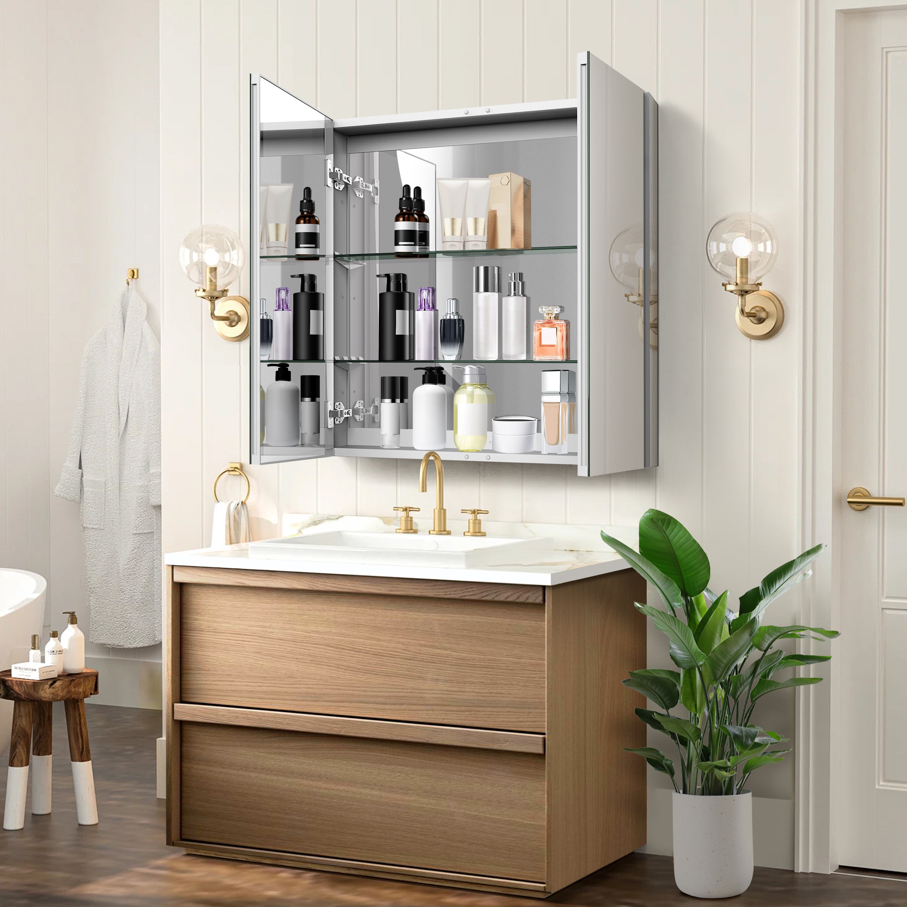 30" × 31.5" Double Door Medicine Cabinet with Soft - Close, Dual - Sided Mirrors, Adjustable Shelves & Aluminum Frame - Medicine Cabinets - AquivaCoast Showers - Medicine Cabinets - Mirror - Surface/ Recessed Mount