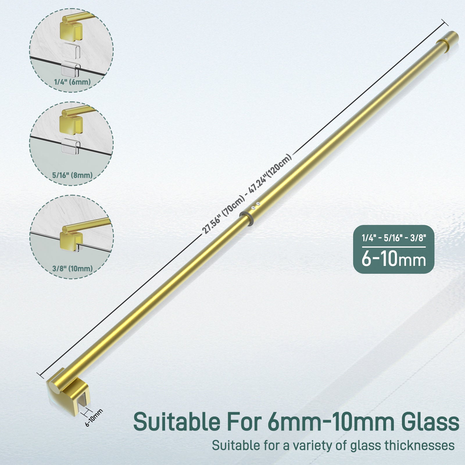 Round Wall - to - Glass Support Bar with Square Contoured Clamp LG - 02 - Wall - to - Glass Support Bar - AquivaCoast Showers - Wall - to - Glass Support Bar - #Color_Brushed Gold