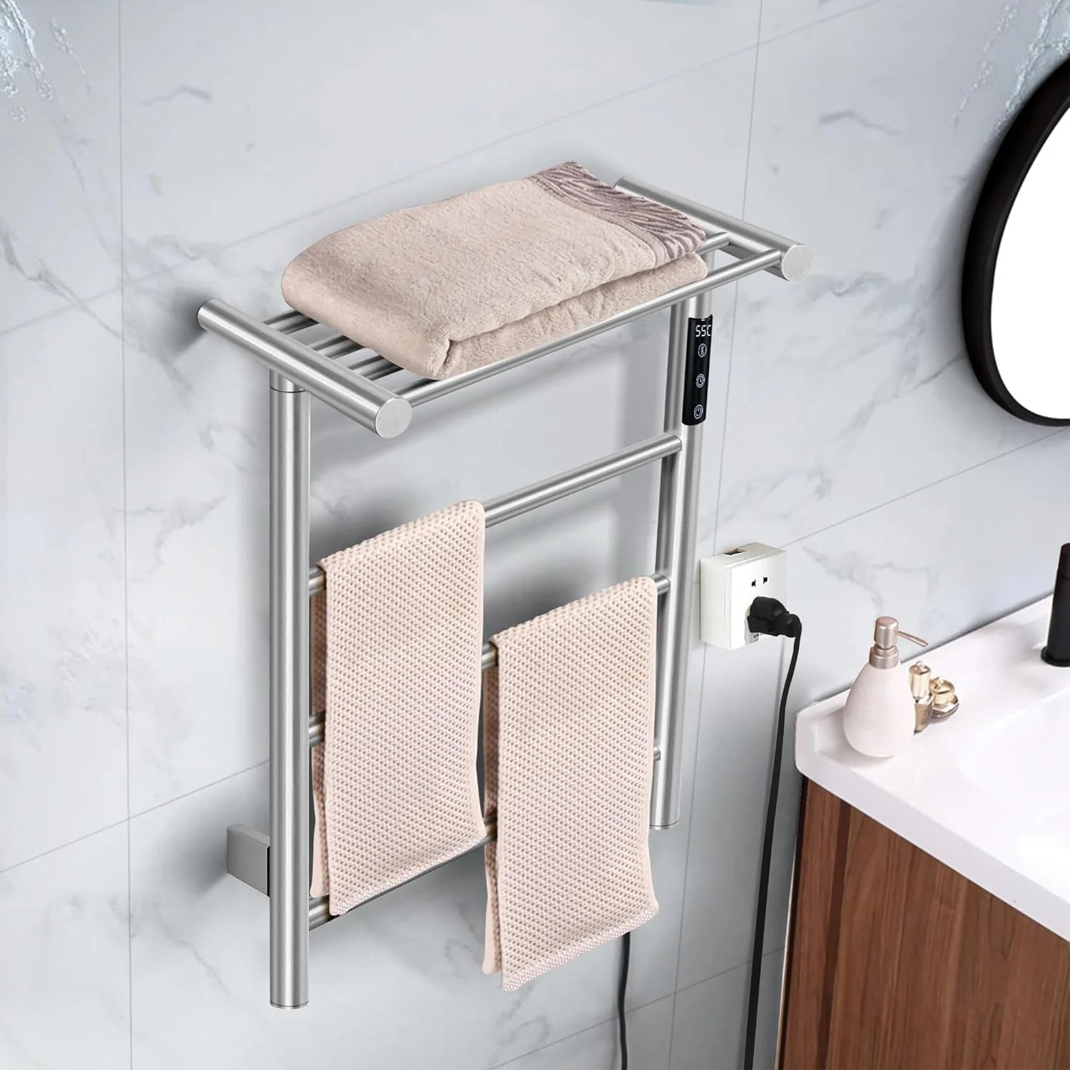 3-Bar Towel Warmer with Top Shelf MJ1-PC Wall-Mounted Electric Heated Towel Bar #Color_Brushed Nickel