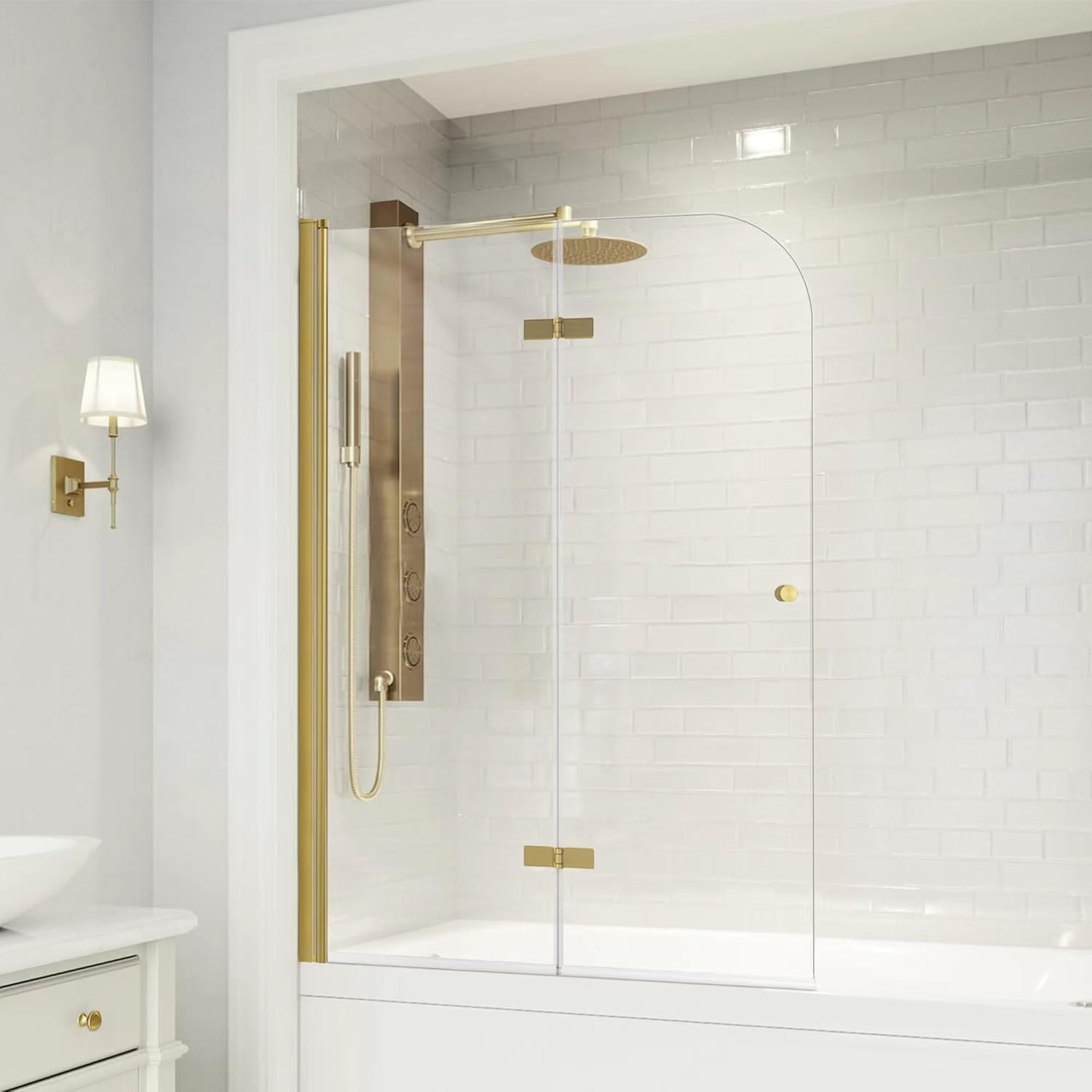 43" W x 58" H Frameless Hinged Bi-Fold Bathtub Door Misty J30 #Color_Brushed Gold