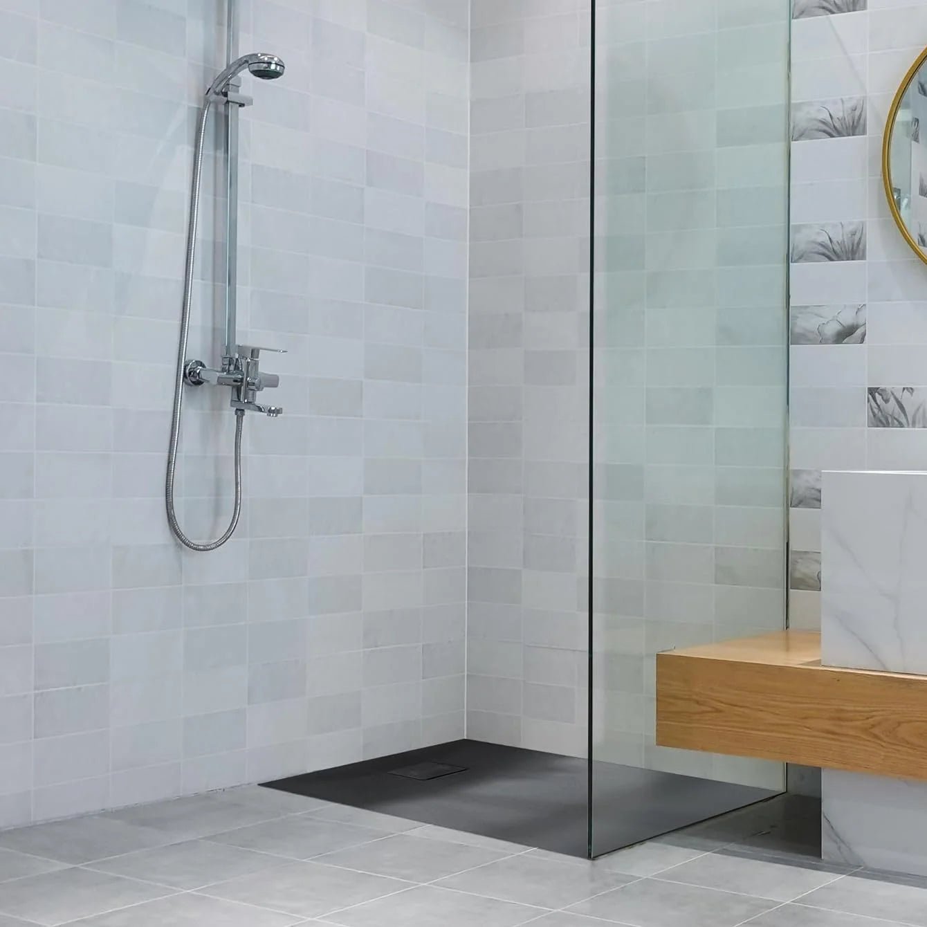 60" L x 32" W / 36‘’ W x 1"H Low-Profile Zero Threshold End Drain White Shower Base #Color_Matte Black