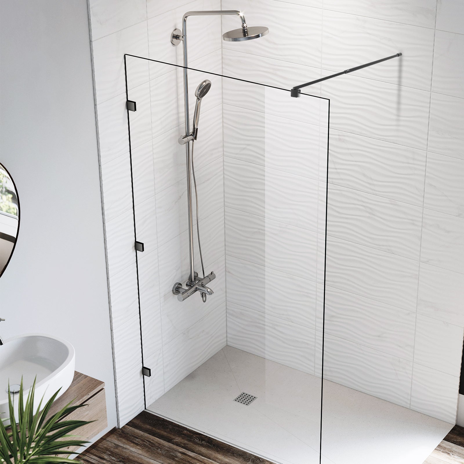 Round Wall - to - Glass Support Bar with Square Contoured Clamp LG - 02 - Wall - to - Glass Support Bar - AquivaCoast Showers - Wall - to - Glass Support Bar - #Color_Matte Black