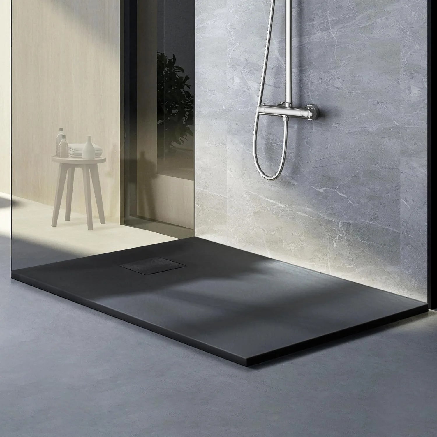 60" L x 32" W / 36‘’ W x 1"H Low-Profile Zero Threshold End Drain White Shower Base #Color_Matte Black