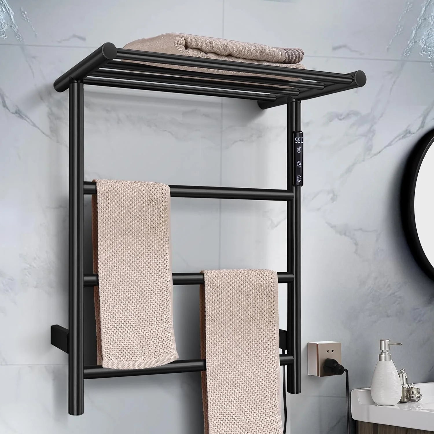 3-Bar Towel Warmer with Top Shelf MJ1-MB Wall-Mounted Electric Heated Towel Bar #Color_Matte Black