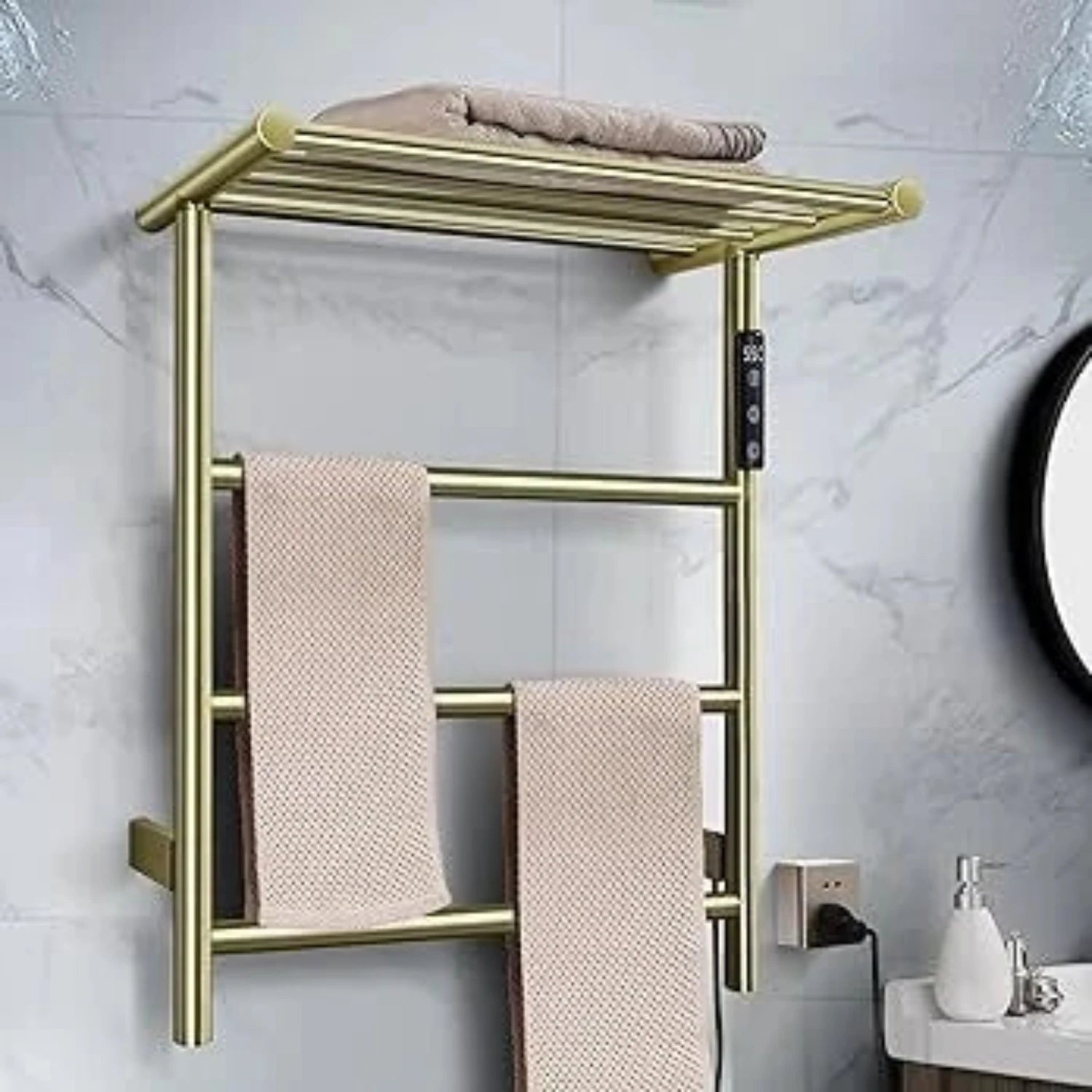 3-Bar Towel Warmer with Top Shelf MJ1-BG Wall-Mounted Electric Heated Towel Bar #Color_Brushed Gold