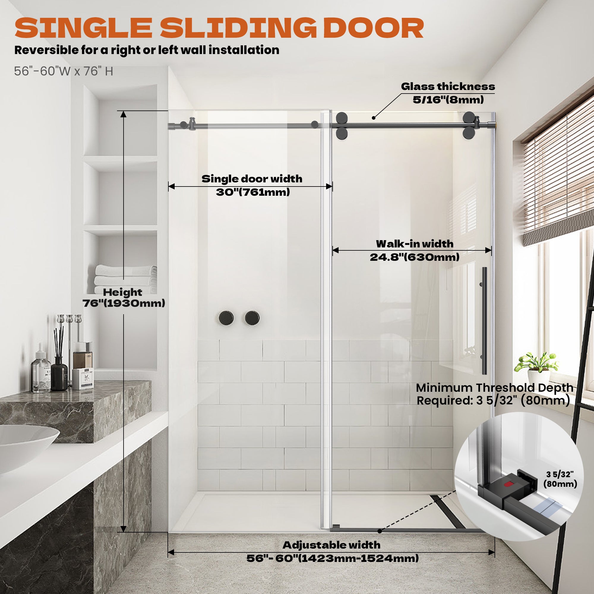 56"-60" W x 76" H Frameless Single Sliding Shower Door Roller J9 #Color_Matte Black
