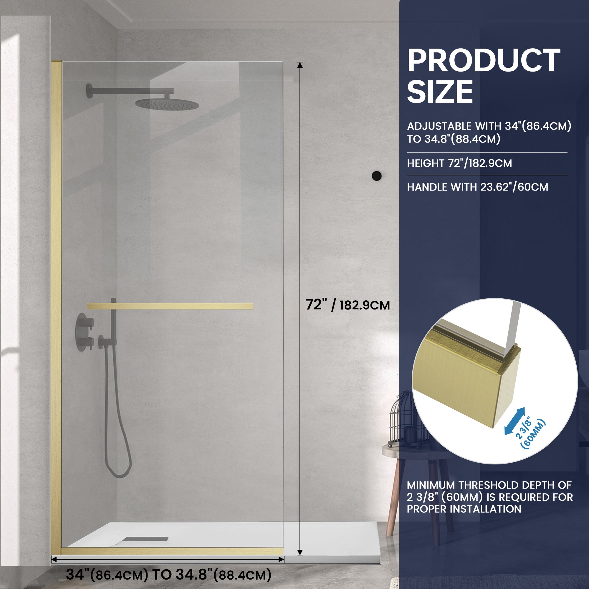 Shower enclosure with dimensions and adjustable screen height