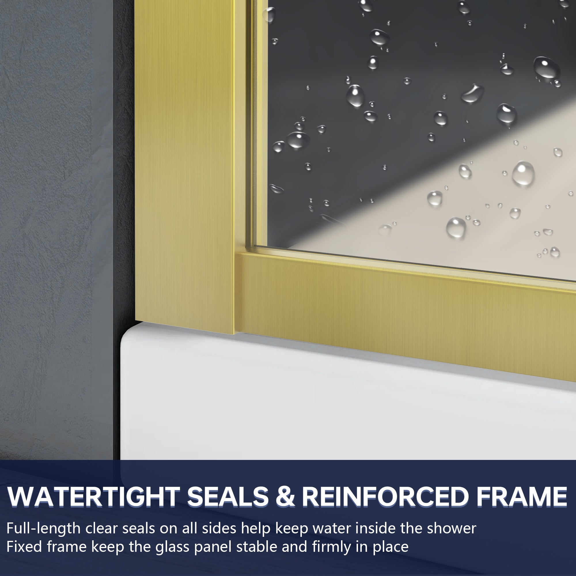 Close-up of a shower enclosure with water droplets on the glass panel, highlighting watertight seals and reinforced frame.