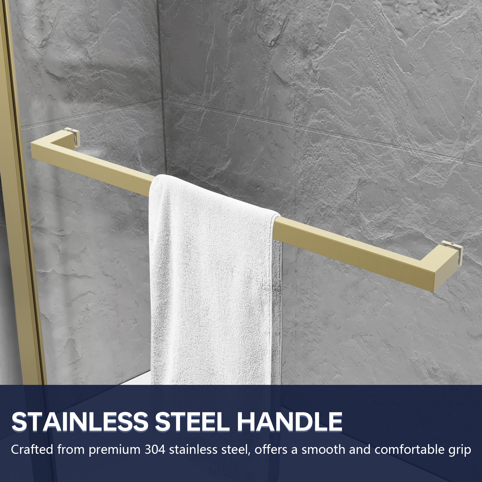 Gold towel rack with a white towel against a gray textured wall, Frameless Shower Door with Towel Bar