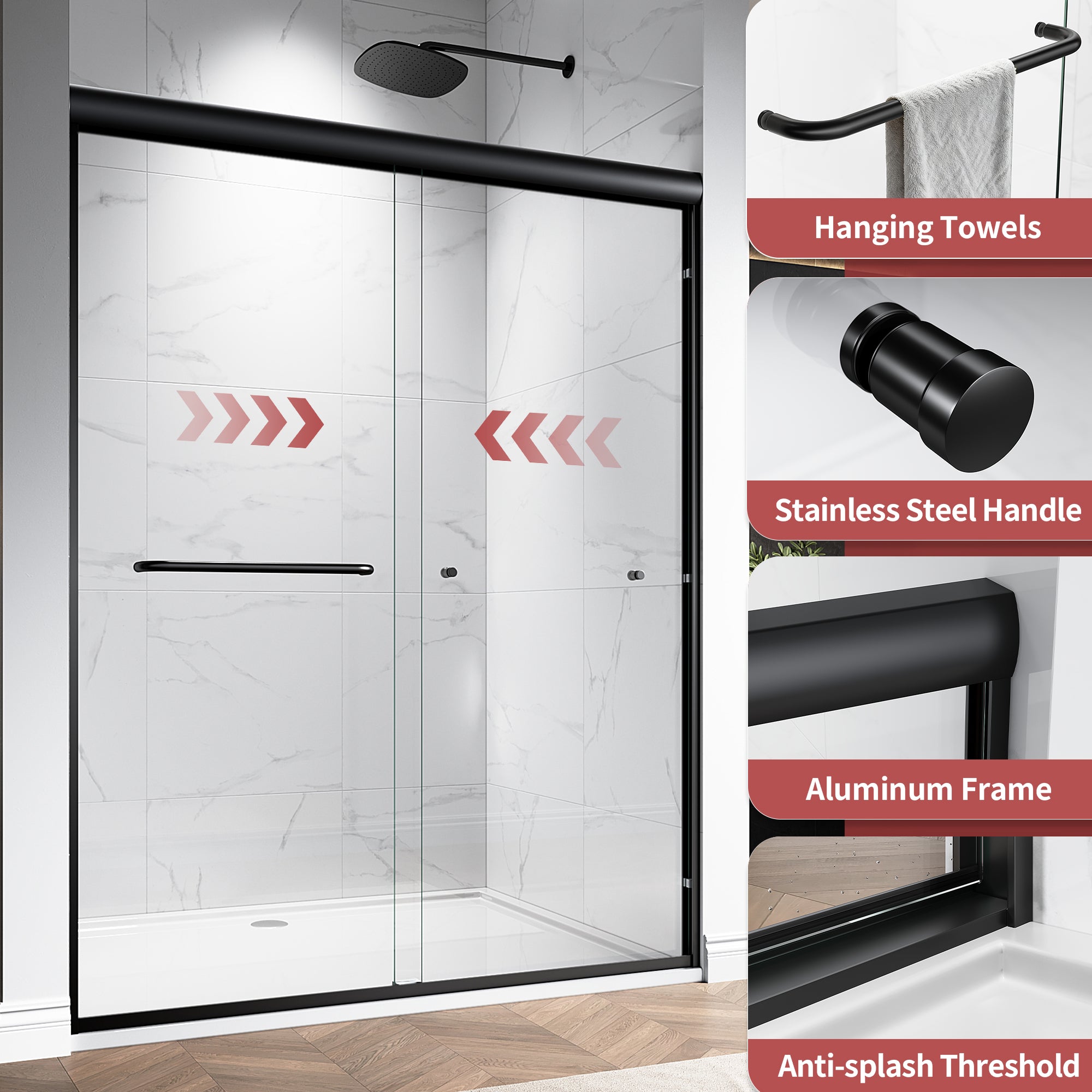 48"/60" W x 72"/76" H Framed Double Sliding Door with 1/4" (6 mm) Clear Tempered Nano Coating Glass and Towel Bar #Color_Matte Black