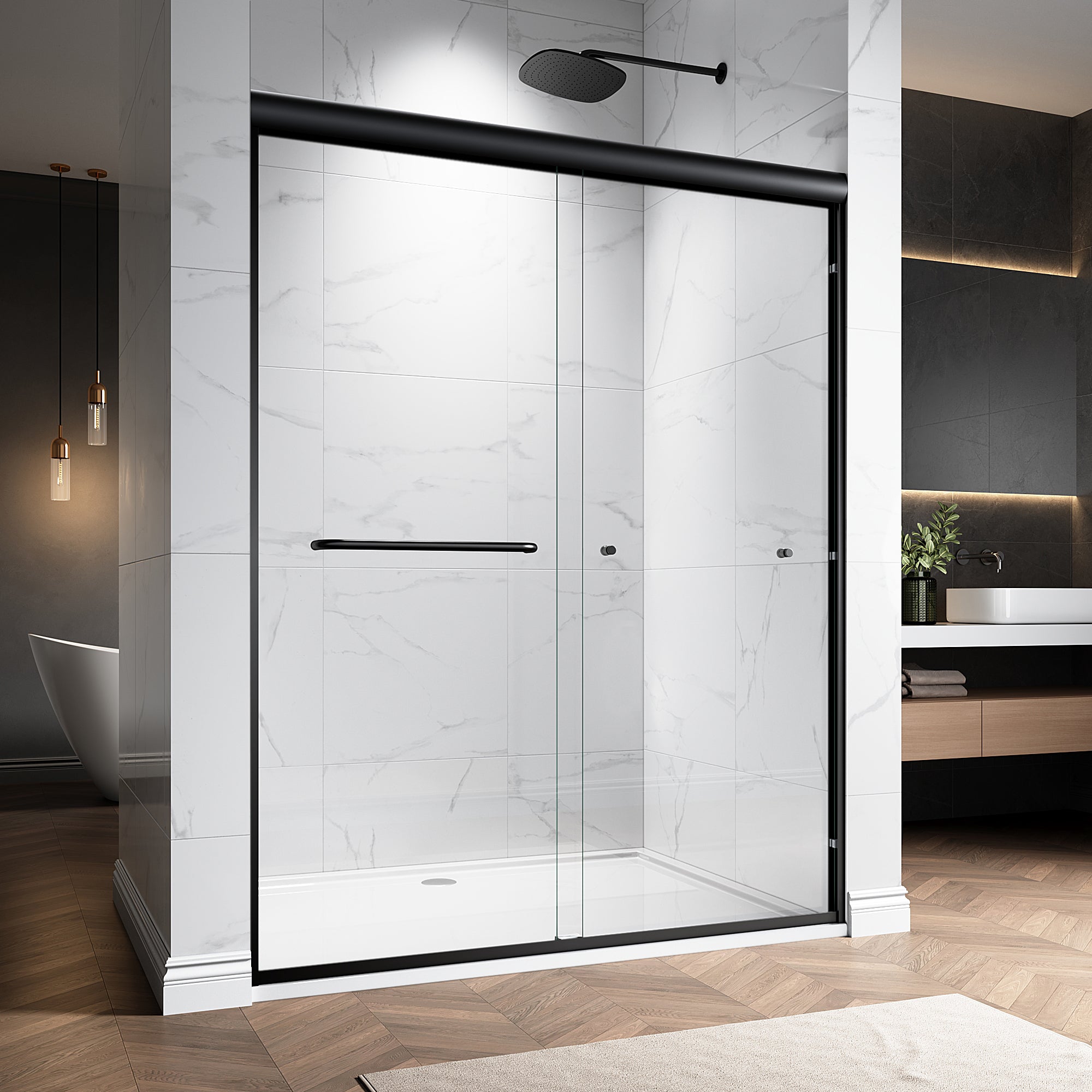 48"/60" W x 72"/76" H Framed Double Sliding Door with 1/4" (6 mm) Clear Tempered Nano Coating Glass and Towel Bar #Color_Matte Black