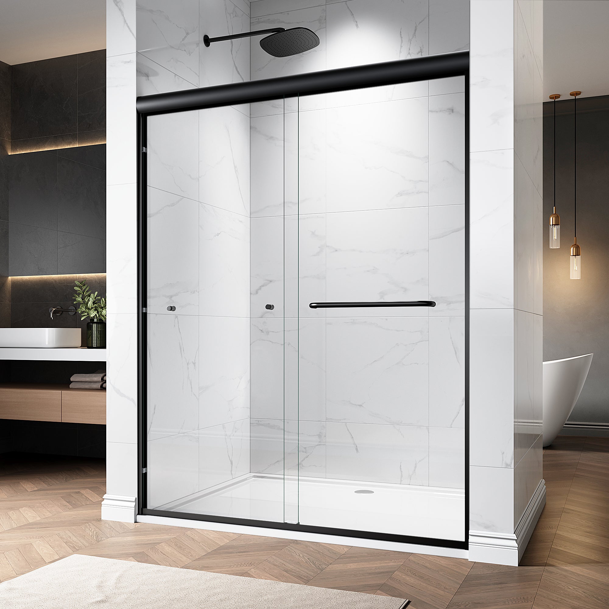 48"/60" W x 72"/76" H Framed Double Sliding Door with 1/4" (6 mm) Clear Tempered Nano Coating Glass and Towel Bar #Color_Matte Black