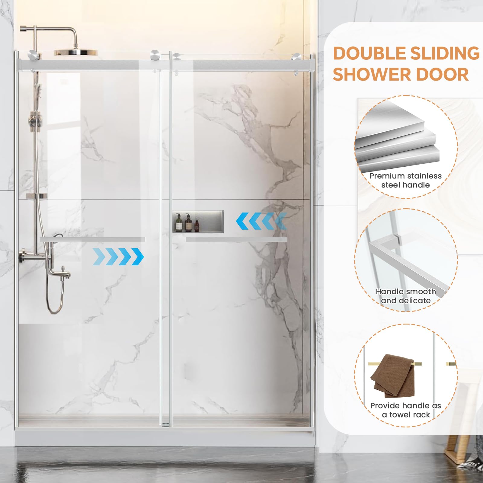 60" W x 76" H Semi-Frameless Double Sliding Bypass Shower Door with 5/16" (8 mm) Easy-Clean Tempered Glass and Towel Bar #Color_Brushed Nickel