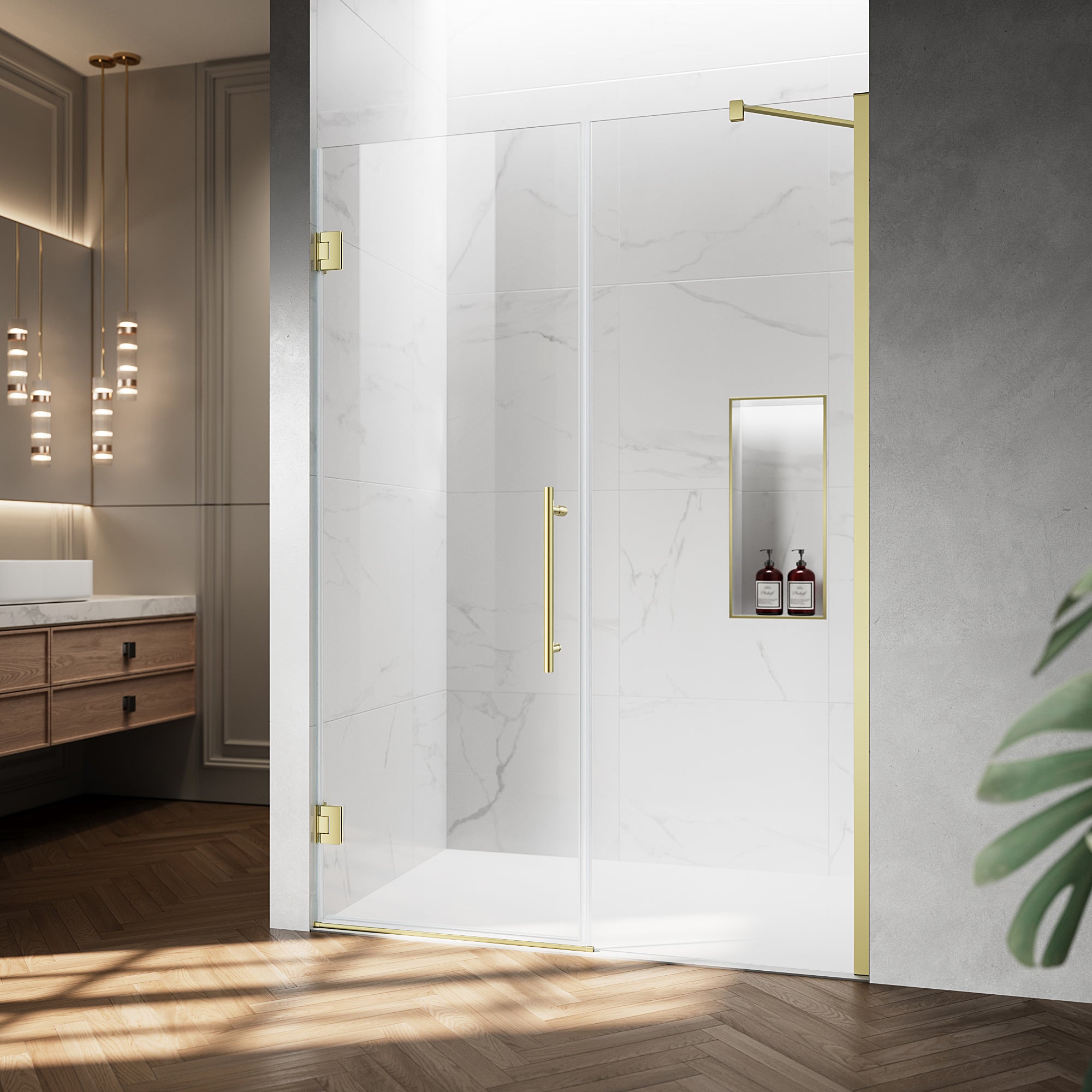 52" / 60" W x 72" / 74" H Frameless Hinged Shower Door with 5/16" (8 mm) Clear Tempered Glass and 180° Pivoting #Color_Brushed Gold
