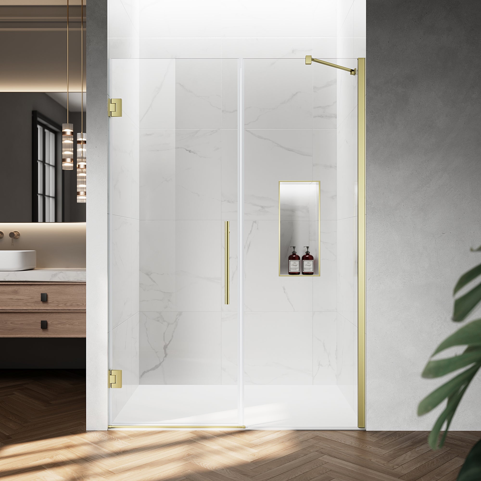 52" / 60" W x 72" / 74" H Frameless Hinged Shower Door with 5/16" (8 mm) Clear Tempered Glass and 180° Pivoting #Color_Brushed Gold