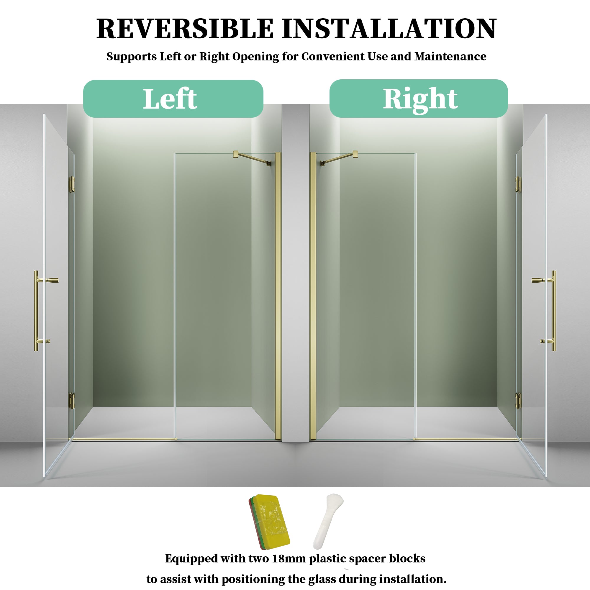 52" / 60" W x 72" / 74" H Frameless Hinged Shower Door with 5/16" (8 mm) Clear Tempered Glass and 180° Pivoting #Color_Brushed Gold