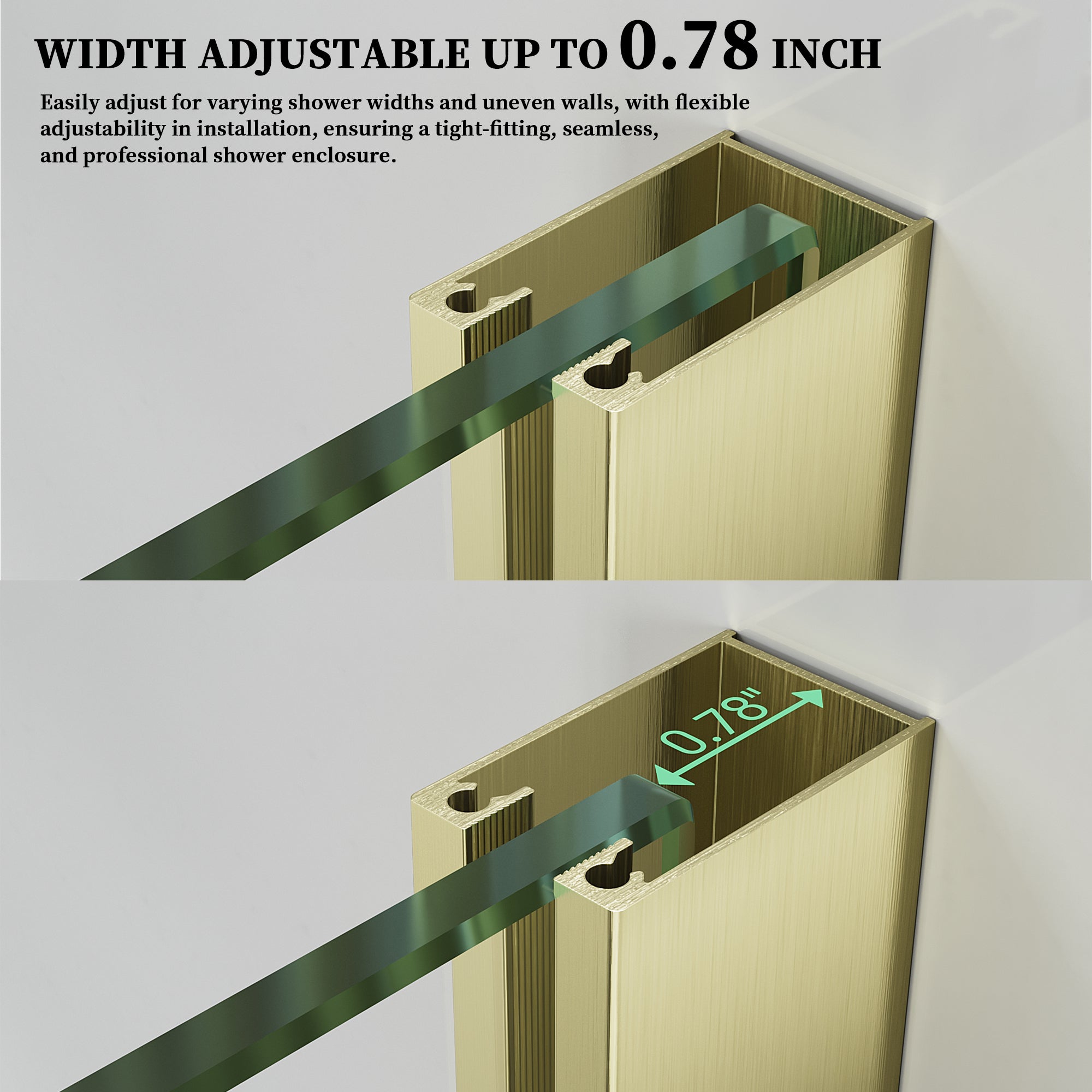 52" / 60" W x 72" / 74" H Frameless Hinged Shower Door with 5/16" (8 mm) Clear Tempered Glass and 180° Pivoting #Color_Brushed Gold