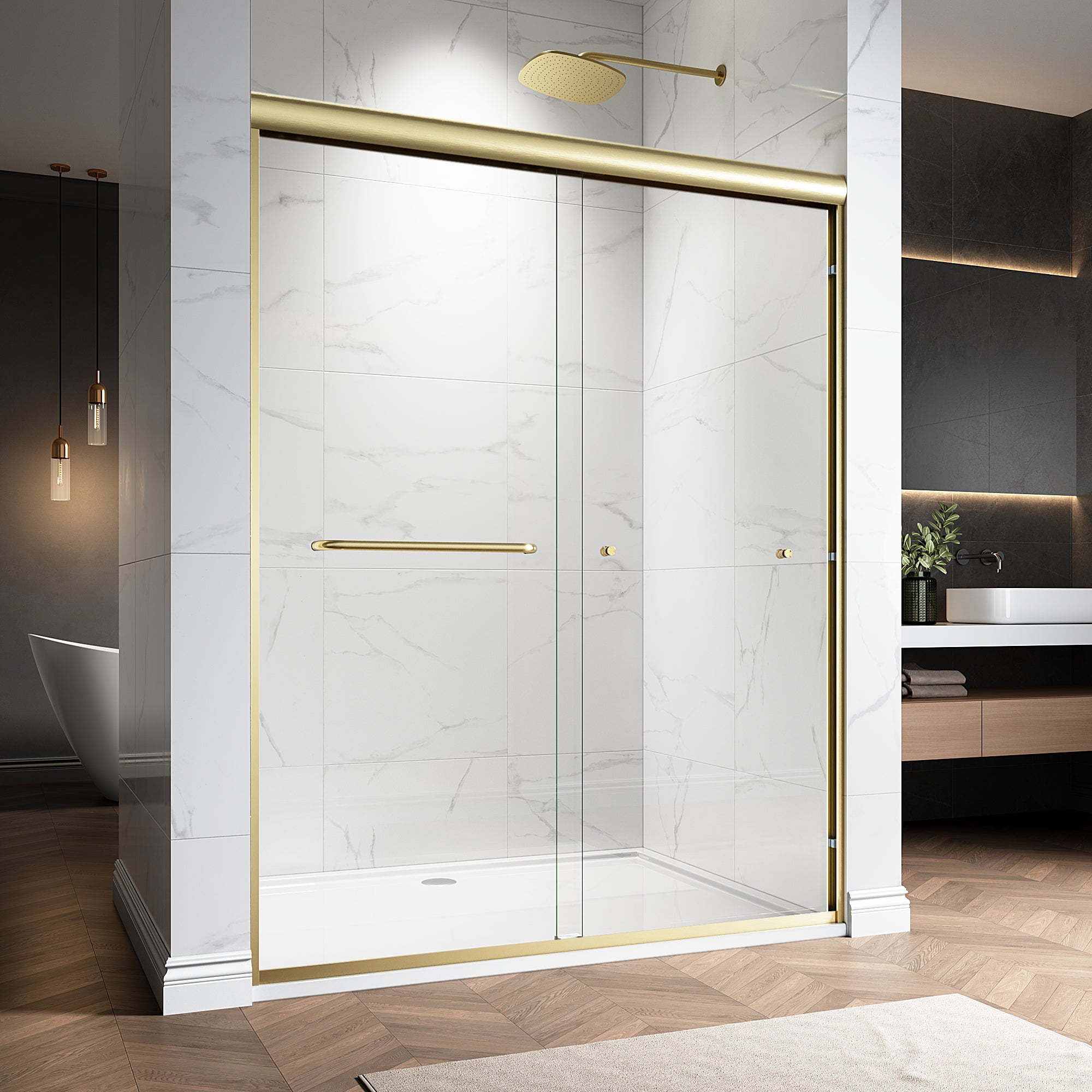 48"/60" W x 72"/76" H Framed Double Sliding Door with 1/4" (6 mm) Clear Tempered Nano Coating Glass and Towel Bar #Color_ Brushed Gold