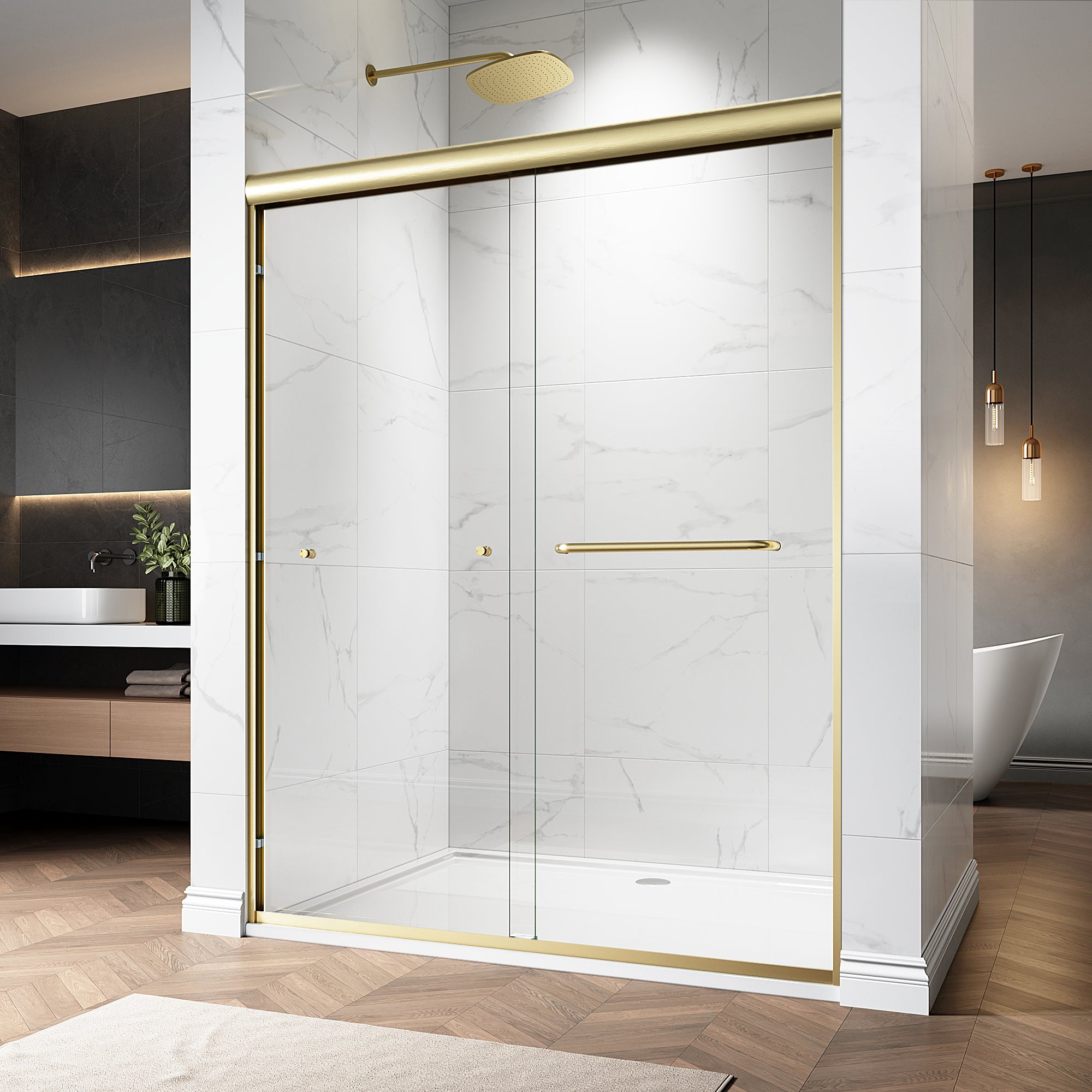 48"/60" W x 72"/76" H Framed Double Sliding Door with 1/4" (6 mm) Clear Tempered Nano Coating Glass and Towel Bar #Color_ Brushed Gold