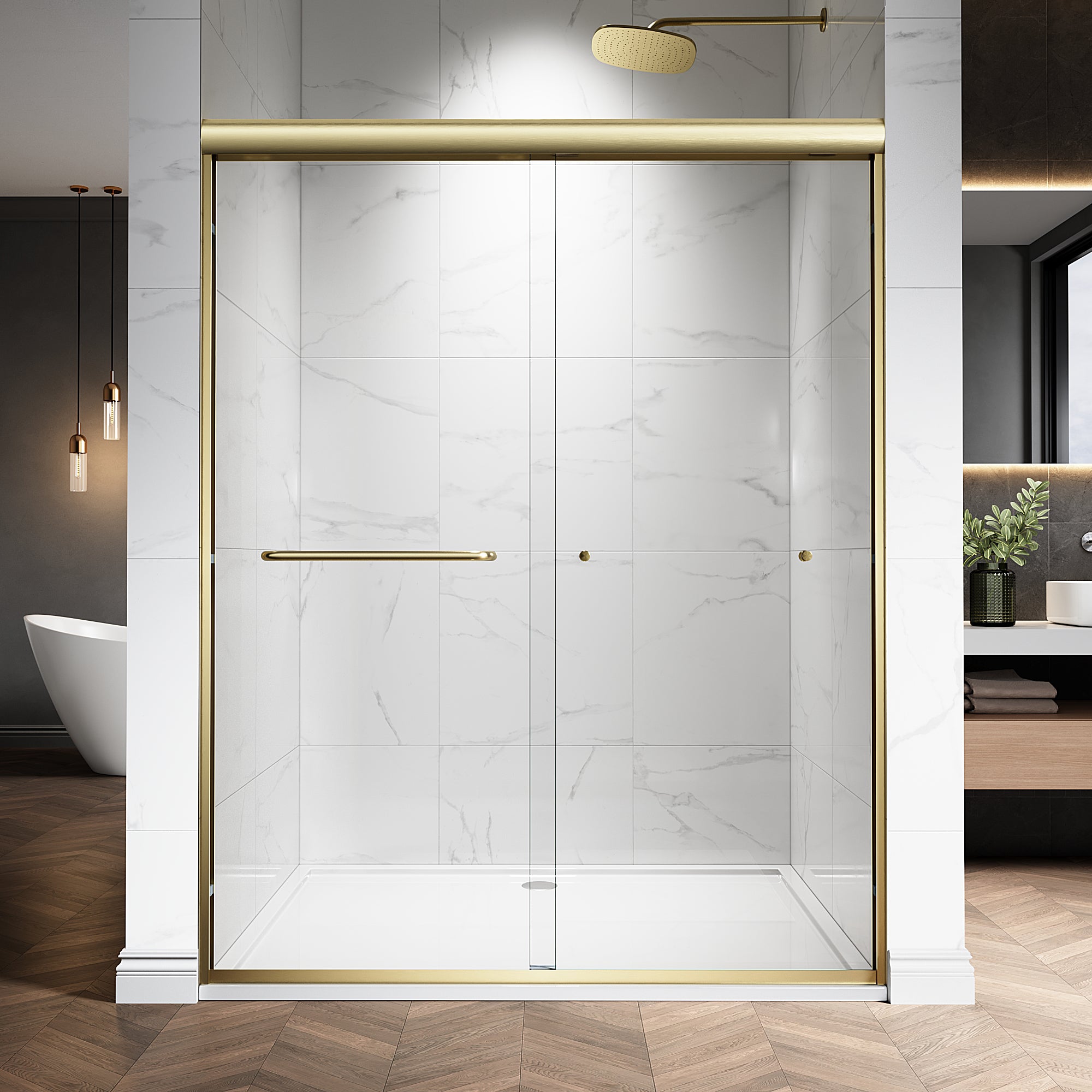 48"/60" W x 72"/76" H Framed Double Sliding Door with 1/4" (6 mm) Clear Tempered Nano Coating Glass and Towel Bar #Color_ Brushed Gold