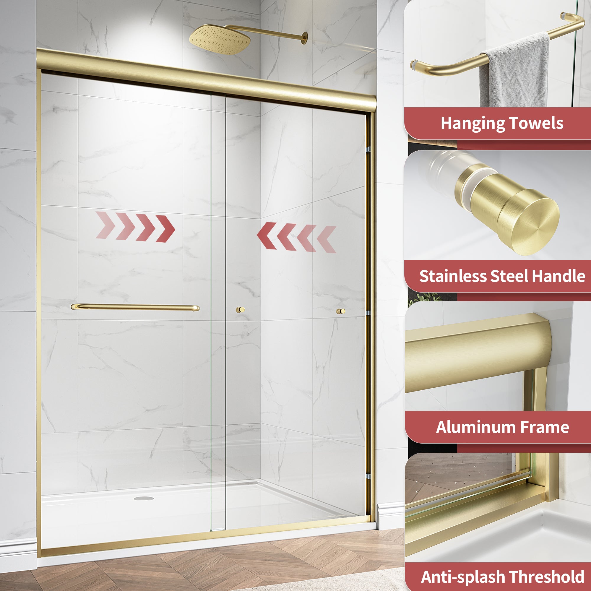 48"/60" W x 72"/76" H Framed Double Sliding Door with 1/4" (6 mm) Clear Tempered Nano Coating Glass and Towel Bar #Color_ Brushed Gold