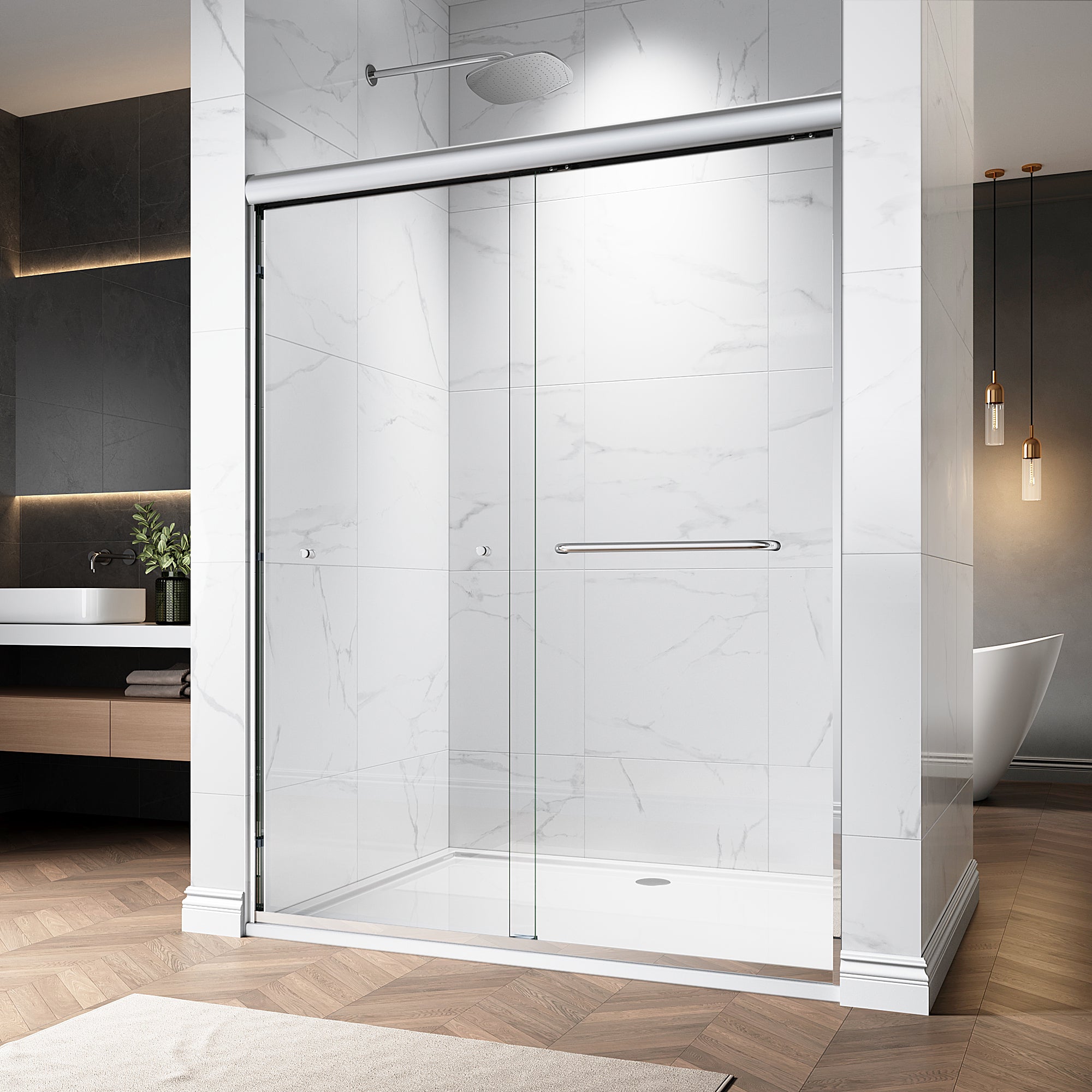 48"/60" W x 72"/76" H Framed Double Sliding Door with 1/4" (6 mm) Clear Tempered Nano Coating Glass and Towel Bar #Color_ Brushed Gold