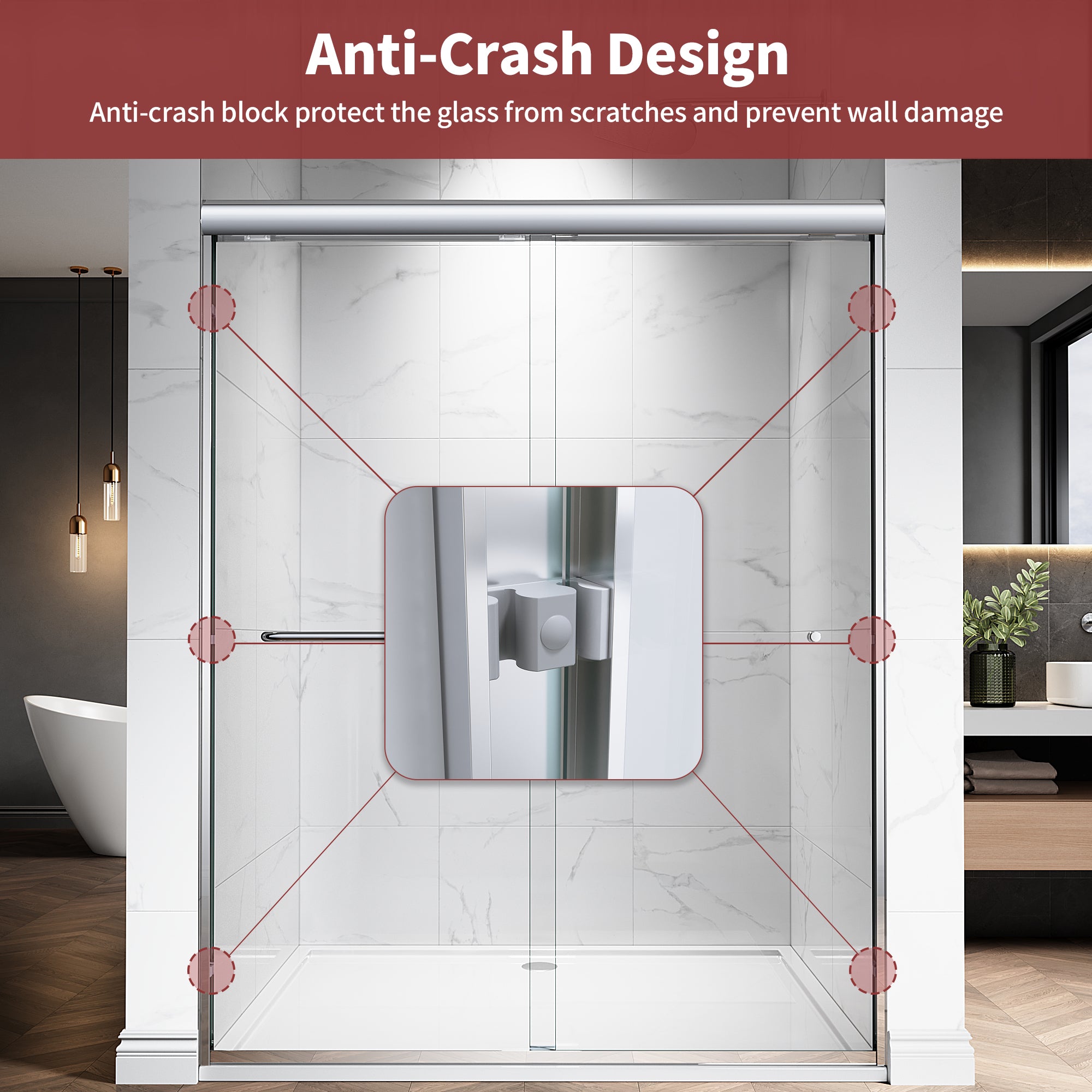 48"/60" W x 72"/76" H Framed Double Sliding Door with 1/4" (6 mm) Clear Tempered Nano Coating Glass and Towel Bar #Color_ Brushed Gold