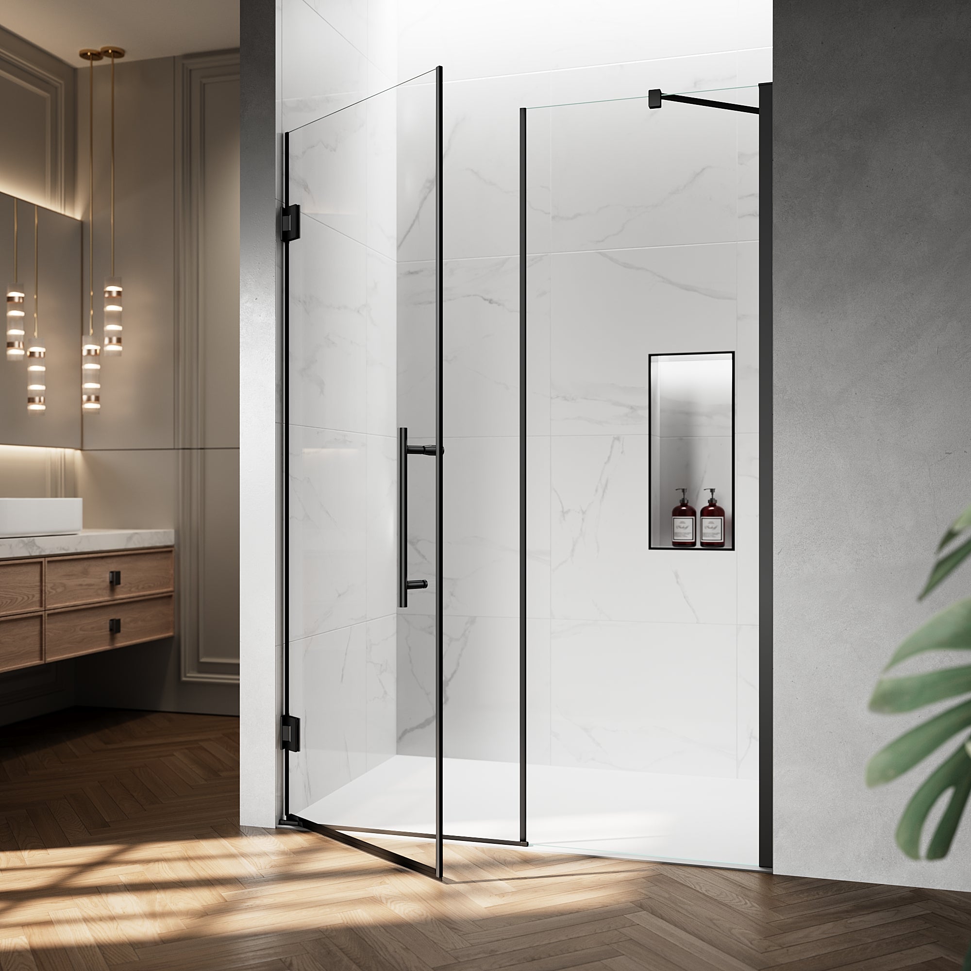 52" / 60" W x 72" / 74" H Frameless Hinged Shower Door with 5/16" (8 mm) Clear Tempered Glass and 180° Pivoting #Color_Matte Black